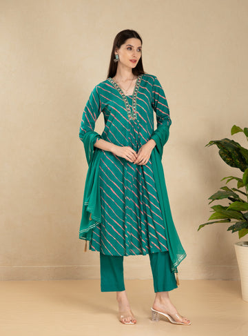 Teal Green 3 Pcs Kurta Set in Mul Cotton