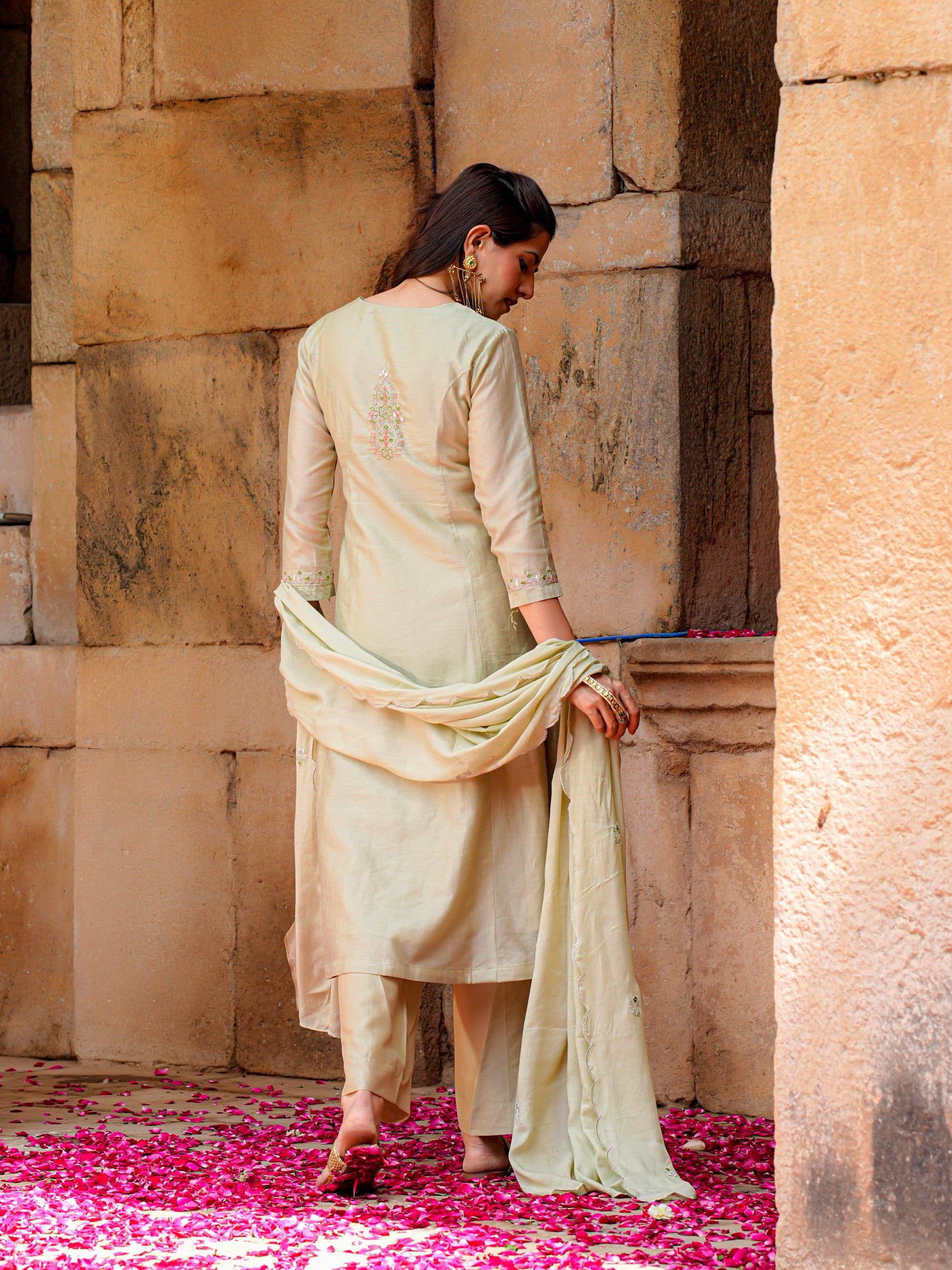 Laurel Green Chanderi Mirror Work 3 Pc Kurta Set Women Festive