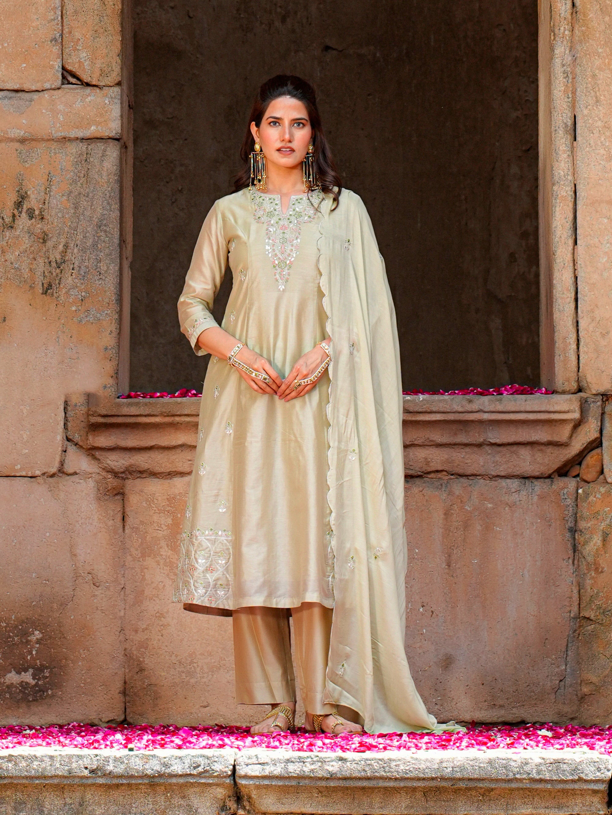 Laurel Green Chanderi Mirror Work 3 Pc Kurta Set Women Festive