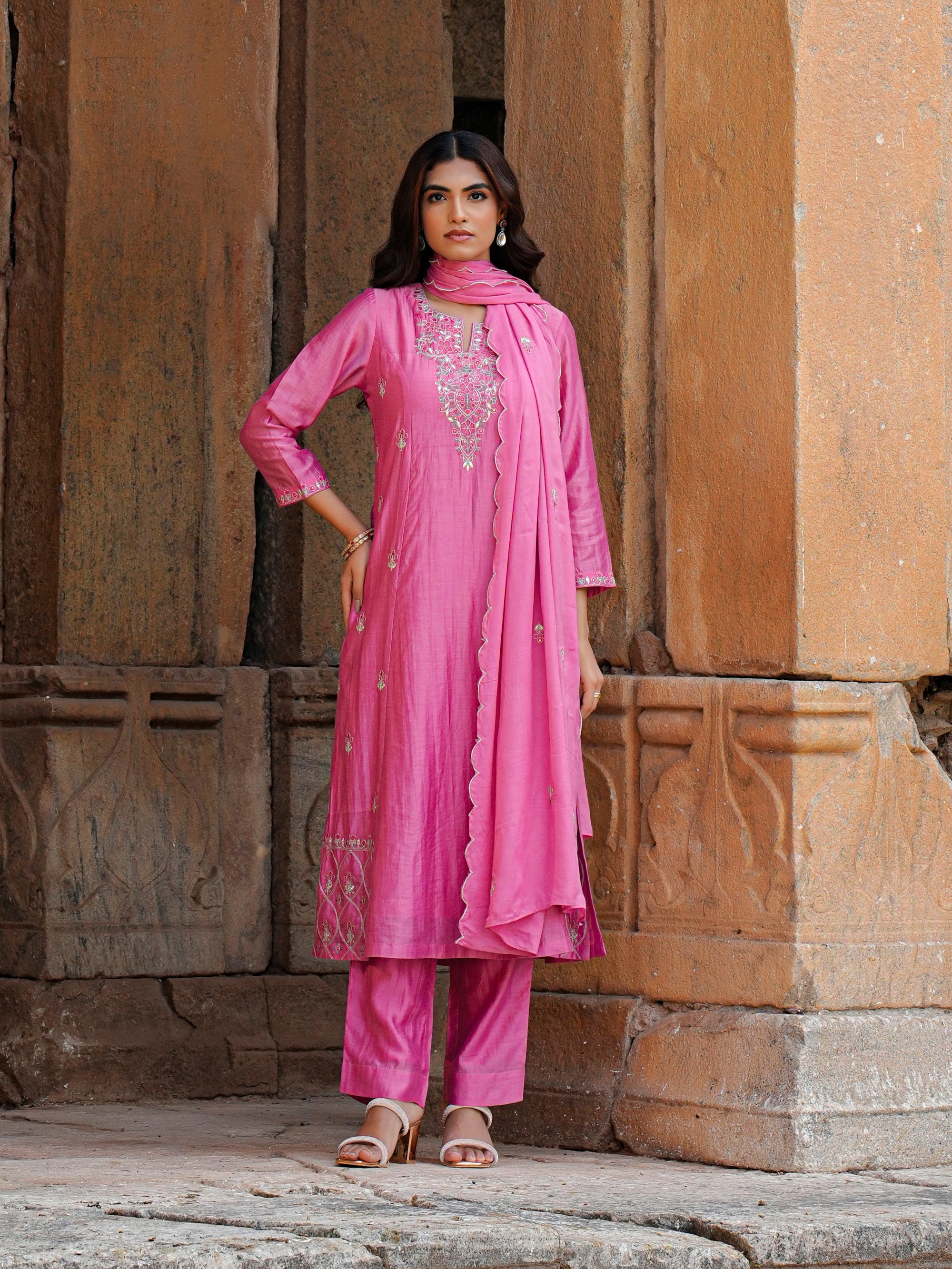 Pink Stripe Chanderi Mirror Work 3 Pc Kurta Set Women Festive