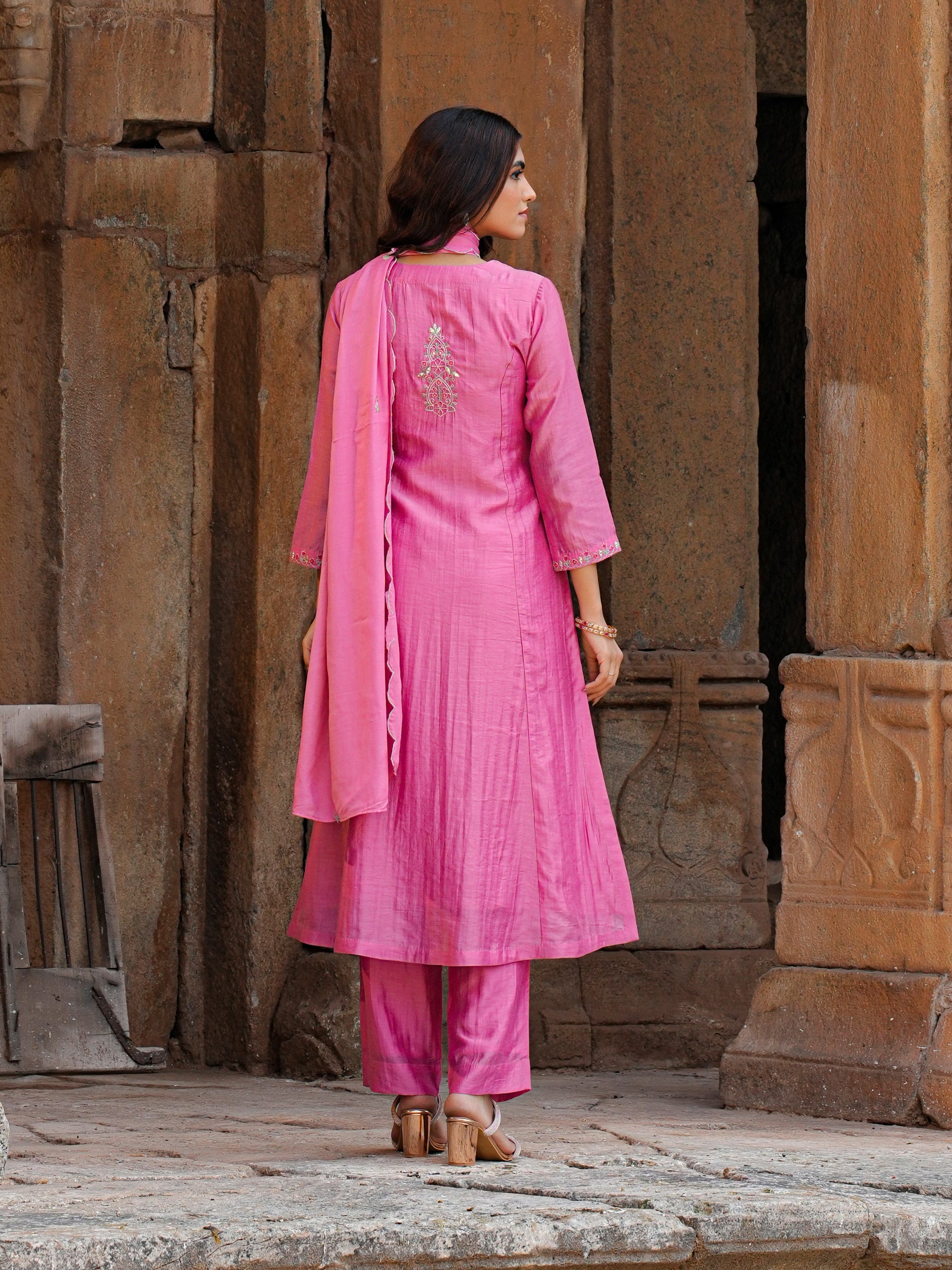Pink Stripe Chanderi Mirror Work 3 Pc Kurta Set Women Festive