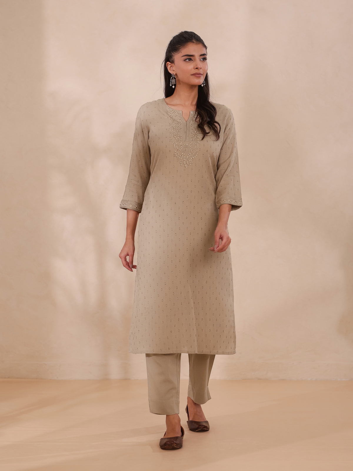 DOBBY CHIKANKARI EMBROIDERED KURTI