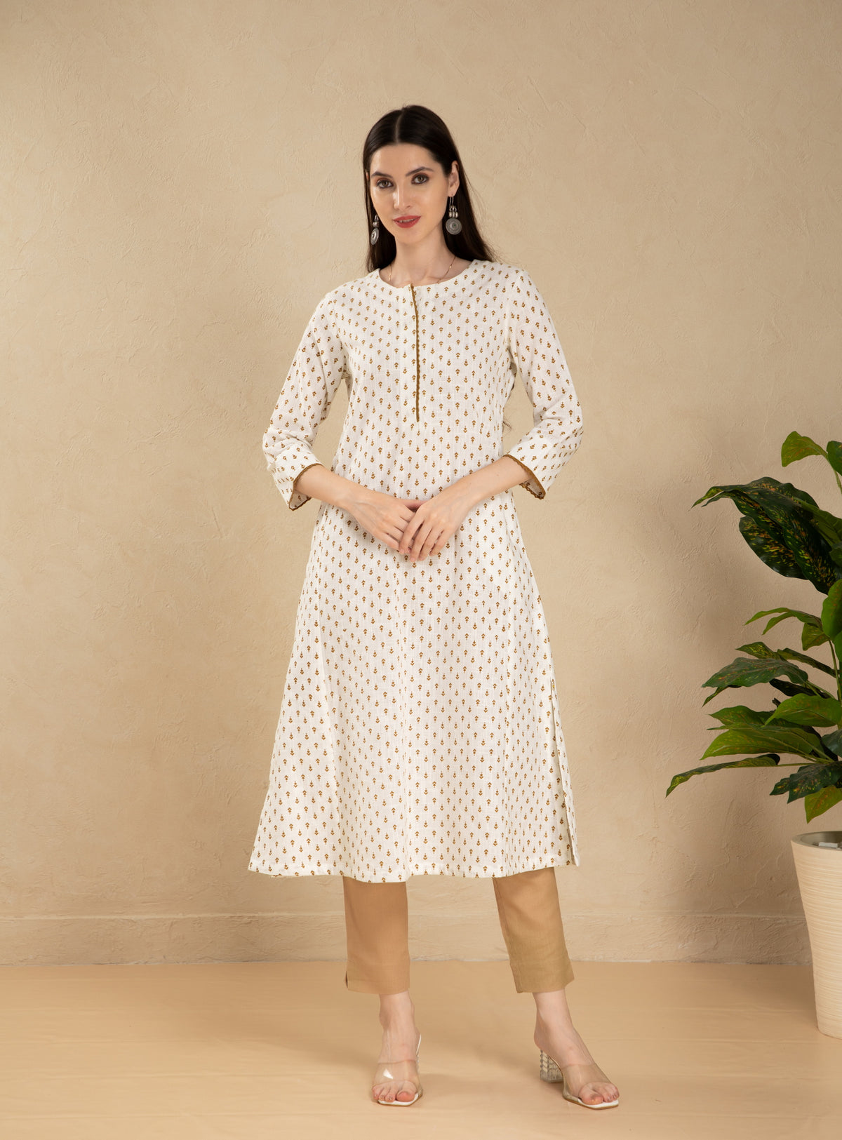 COTTON SLUB PRINTED A-LINE KURTI WITH LACE DETAILS