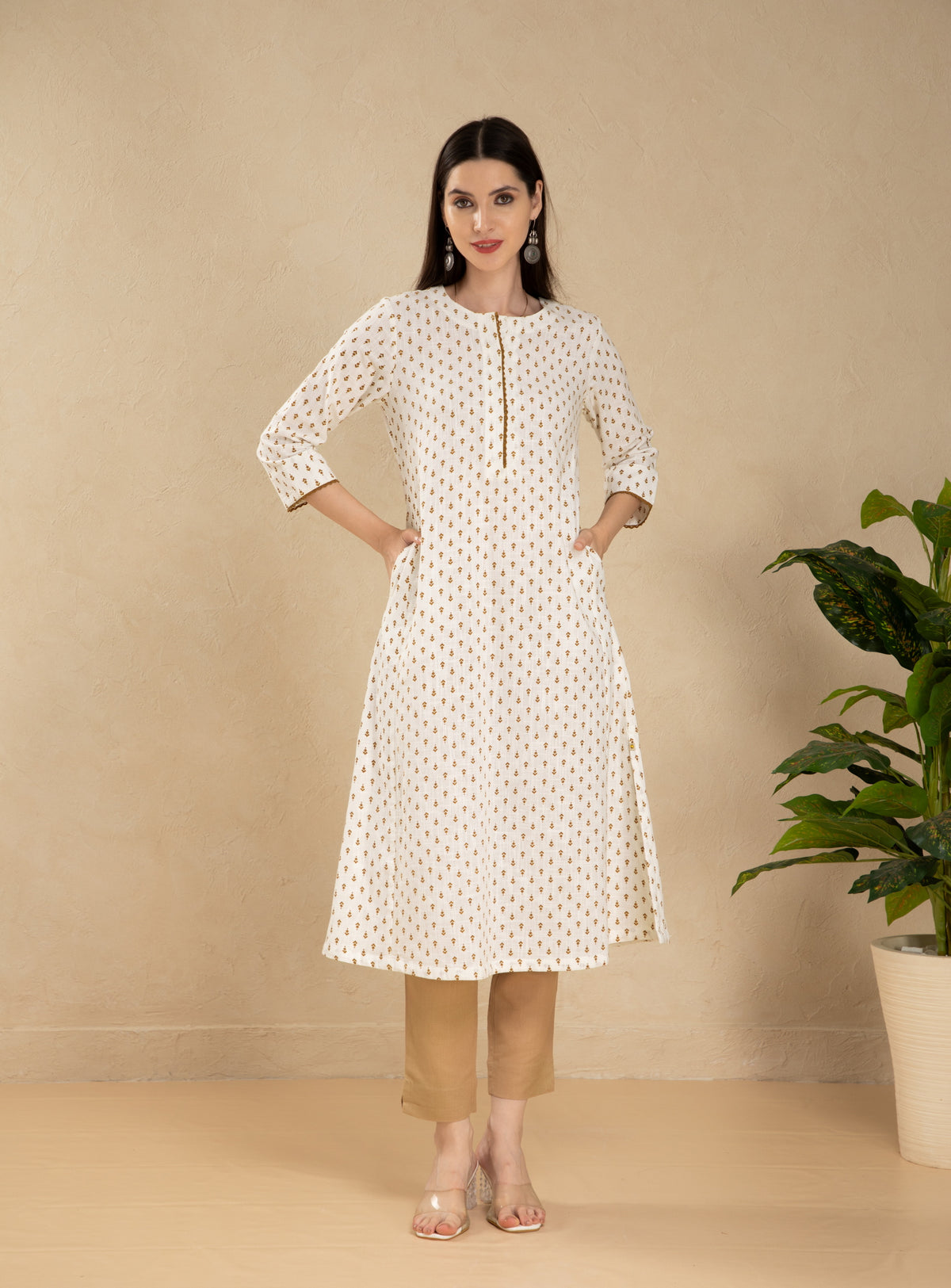 COTTON SLUB PRINTED A-LINE KURTI WITH LACE DETAILS