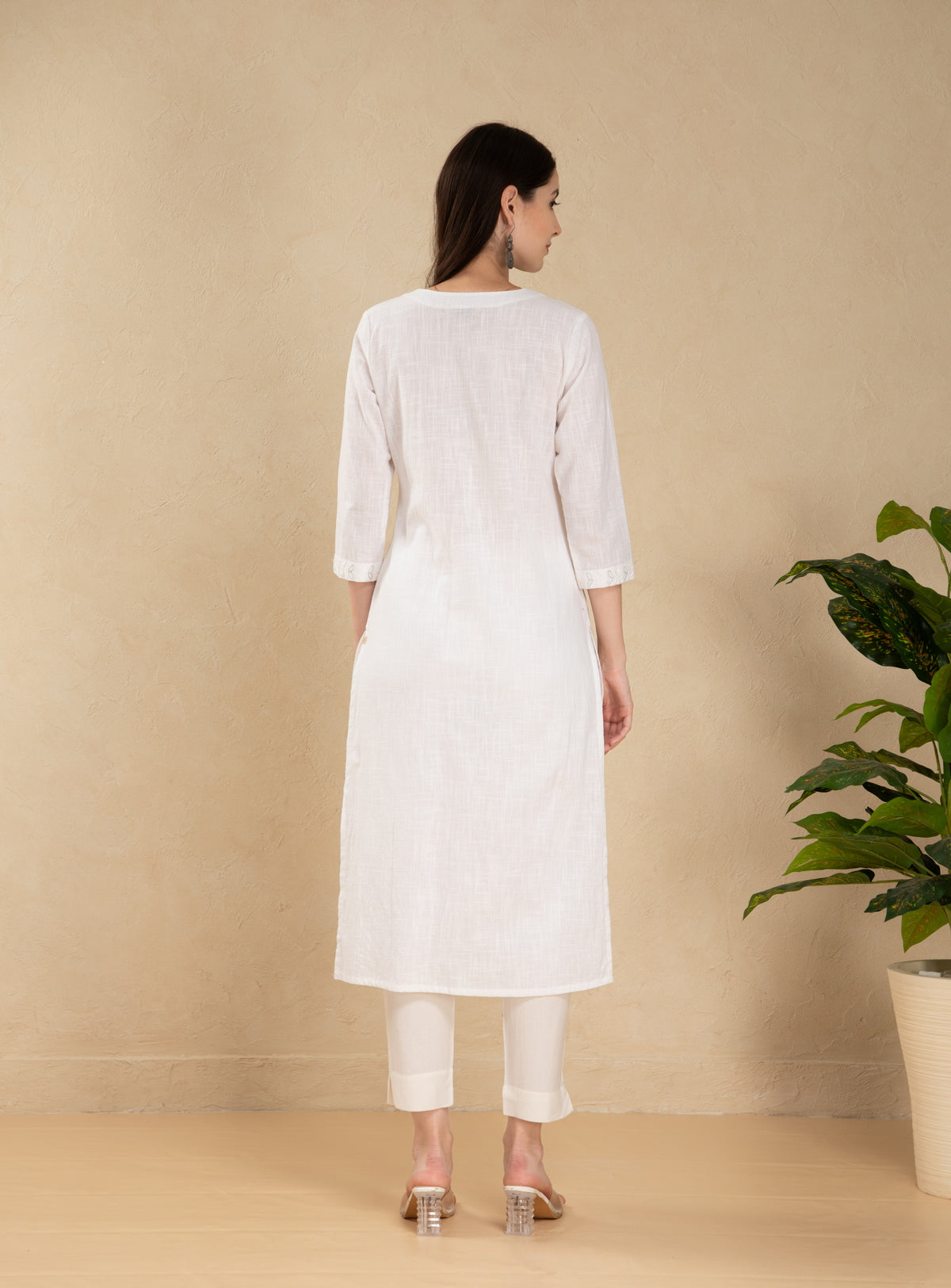 White Cotton Slub Embroidered Long Kurti
