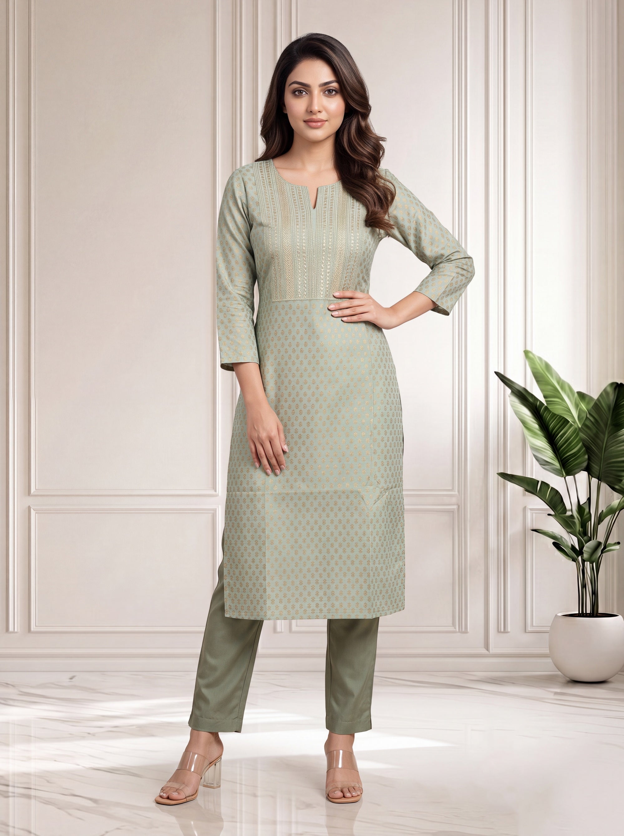 Smoke Green Long Kurti in Poly Viscose