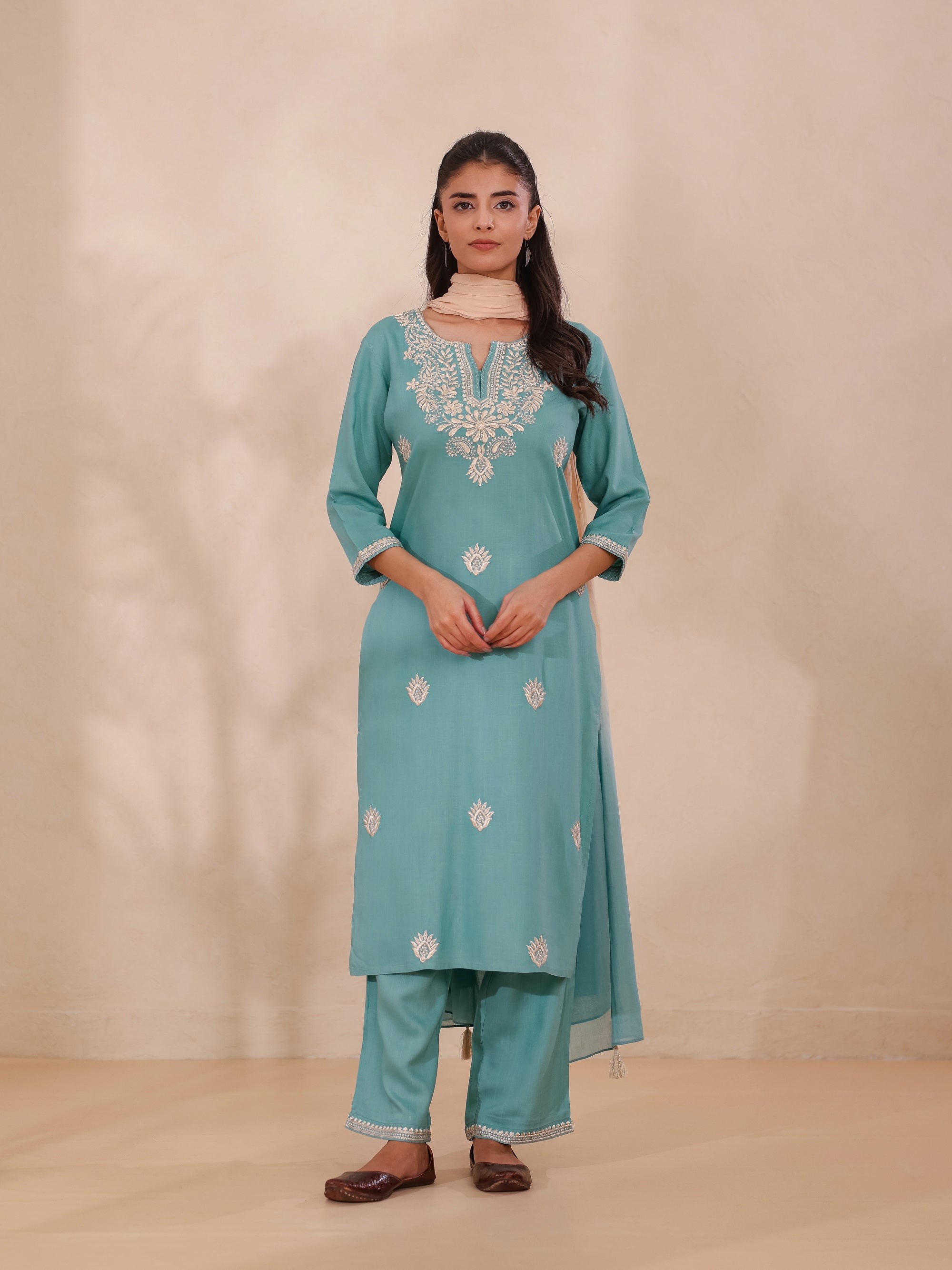 Blue Turq 3 Pcs Kurta Set in Rayon Slub