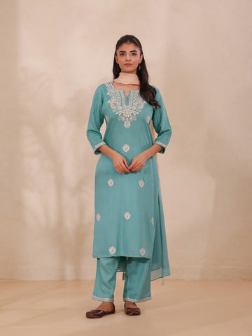 Blue Turq 3 Pcs Kurta Set in Rayon Slub