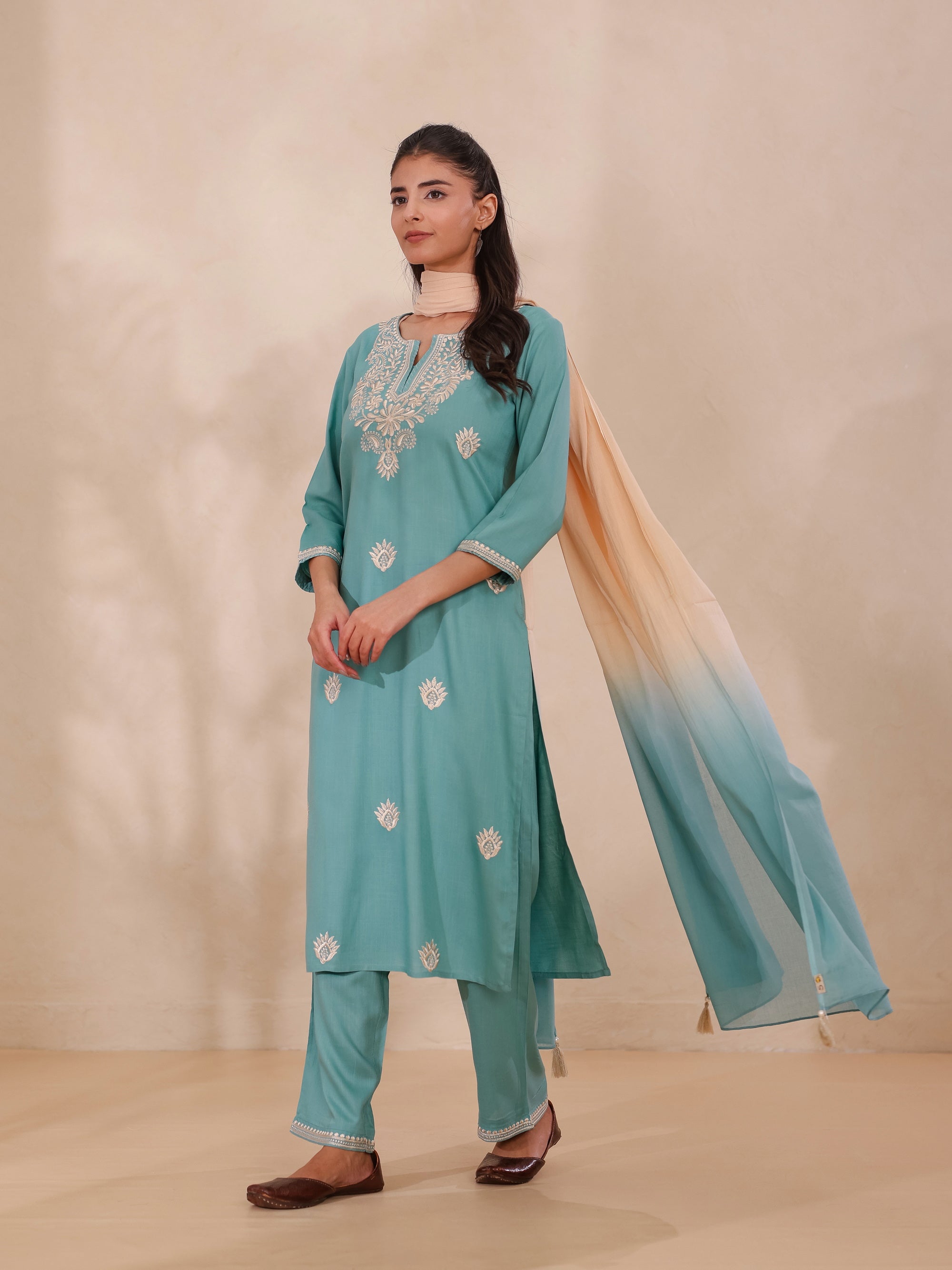 Blue Turq 3 Pcs Kurta Set in Rayon Slub