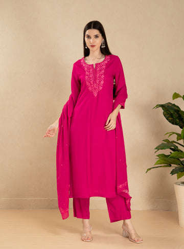 Virtual Pink 3 Pcs Kurta Set in Rayon Slub