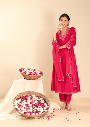 Cherry Red 3 Pcs Kurta Set in Poly Viscose