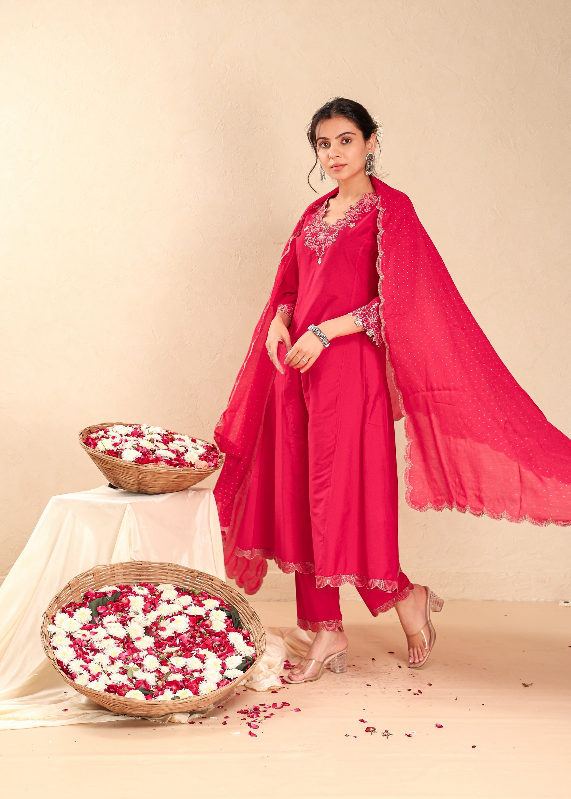 Cherry Red 3 Pcs Kurta Set in Poly Viscose