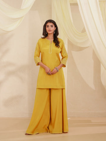 New Mustard 3 Pcs Kurta Set in Santoon