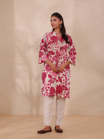 Fuscia Knee Length Kurti in Rayon Linen