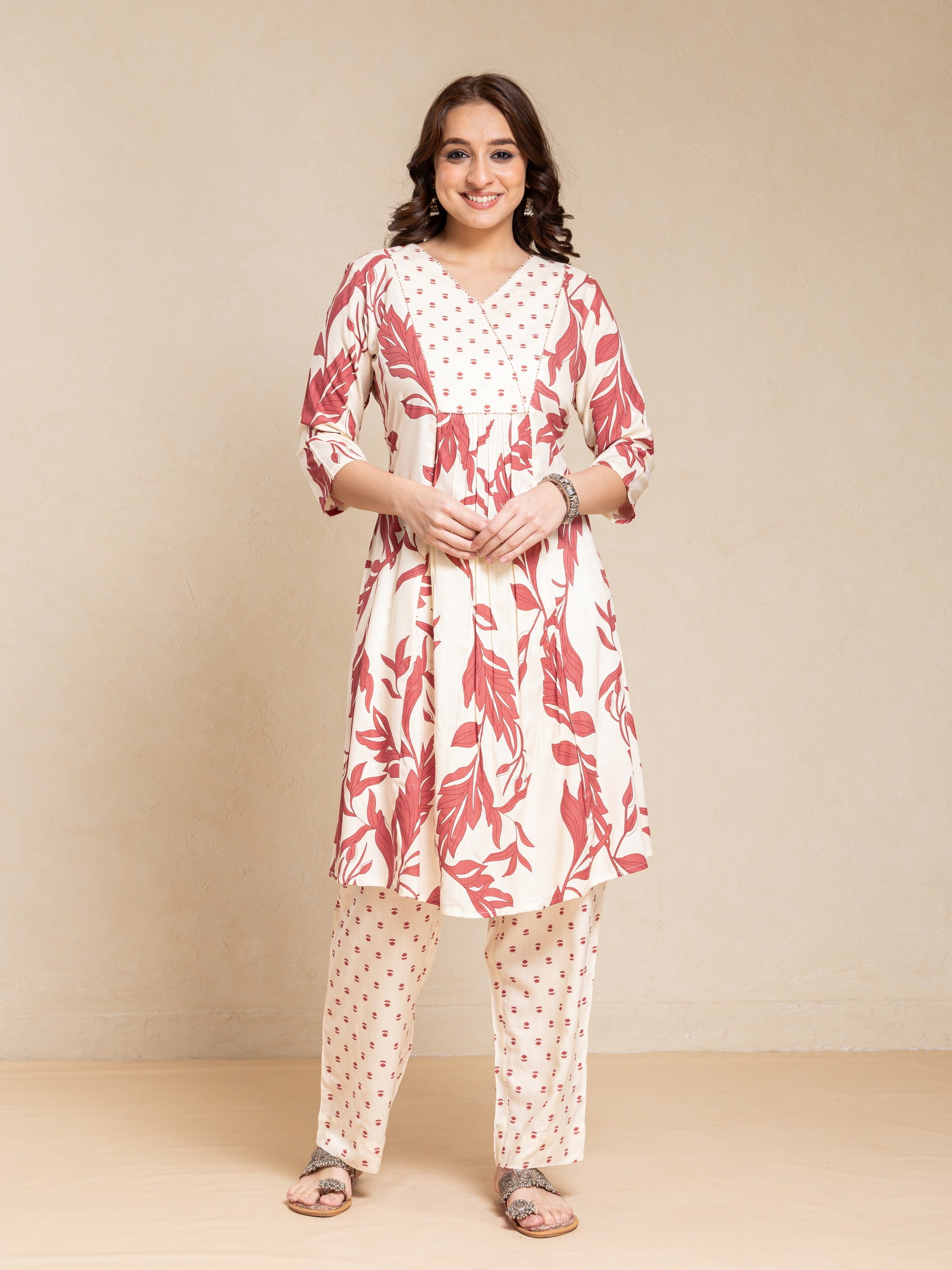 Floral Printed Angrakha Kurta with Trousers
