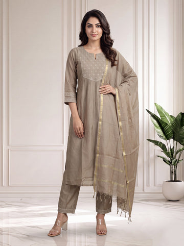 Ash 3 Pcs Kurta Set in Chanderi Silk