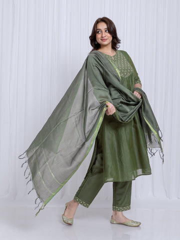 Duck Green 3 Pcs Kurta Set in Chanderi Silk