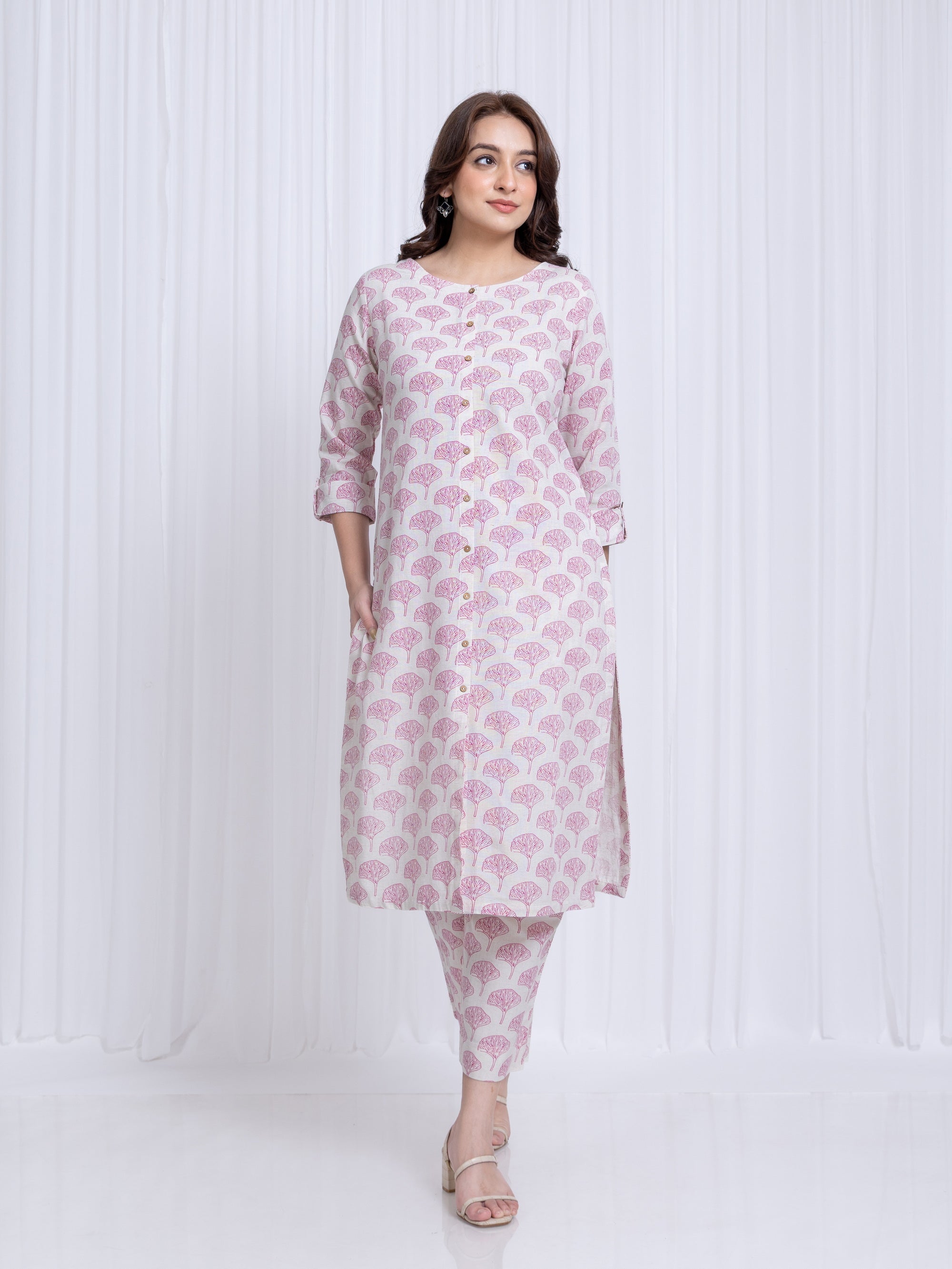 Fuscia Pink 2 Pcs Kurta Set in Rayon Linen