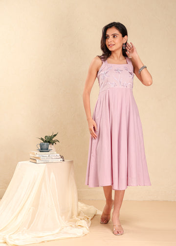 Cotton Cambric Embroidered Flared Dress