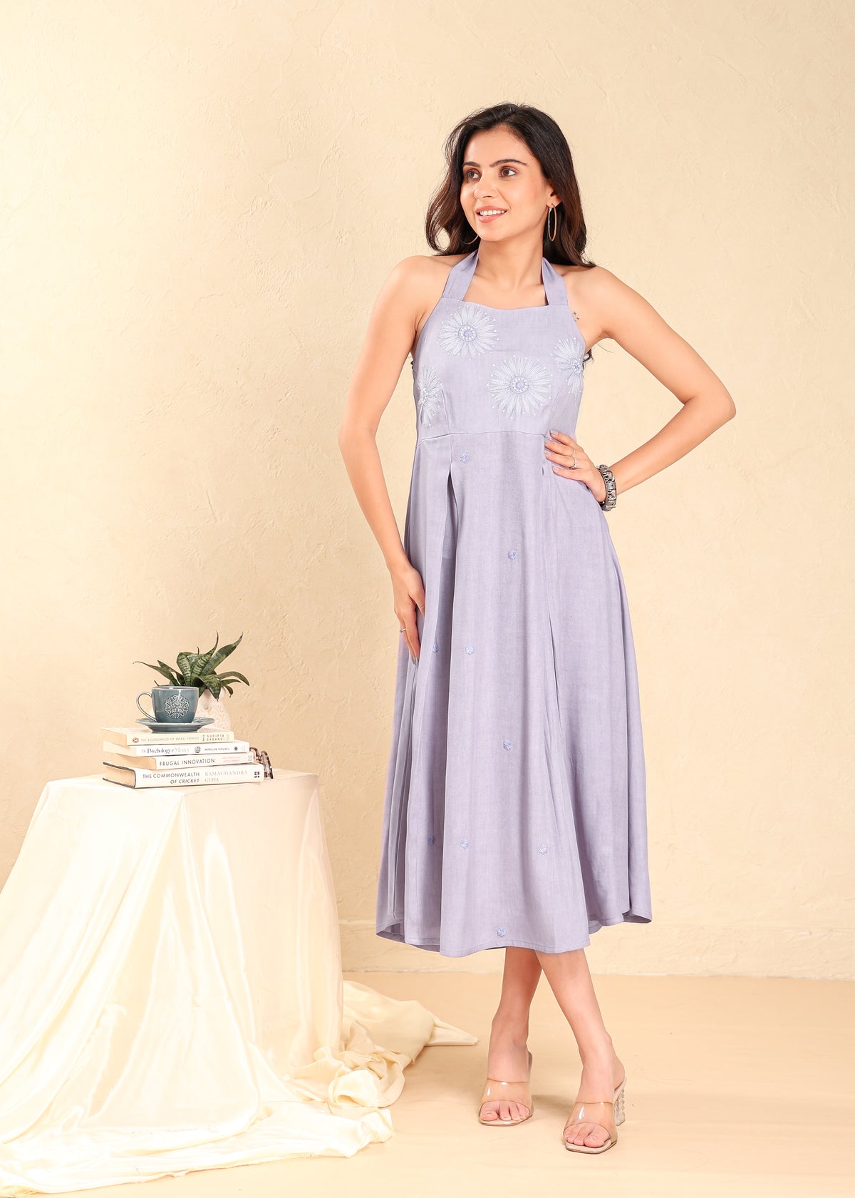 Halter Strap Embroidered Flared Dress