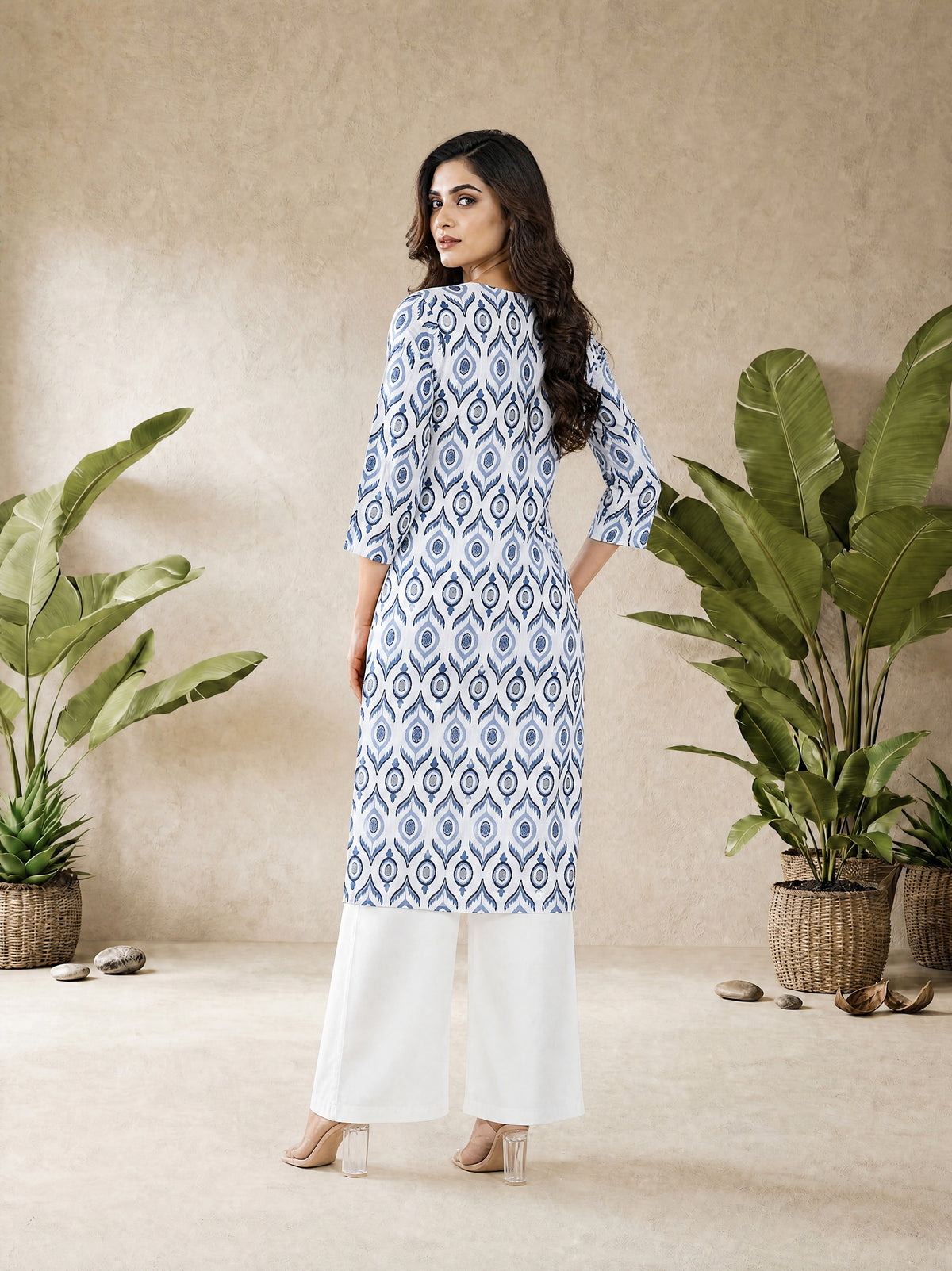 Indigo Blue Cotton Slub Ikat Print Kurti with Shirt Collar