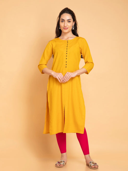 Linen Blend Long Kurti with Metal Buttons