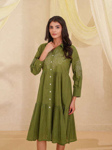 Mineral Green Short Dress in Mul Cotton