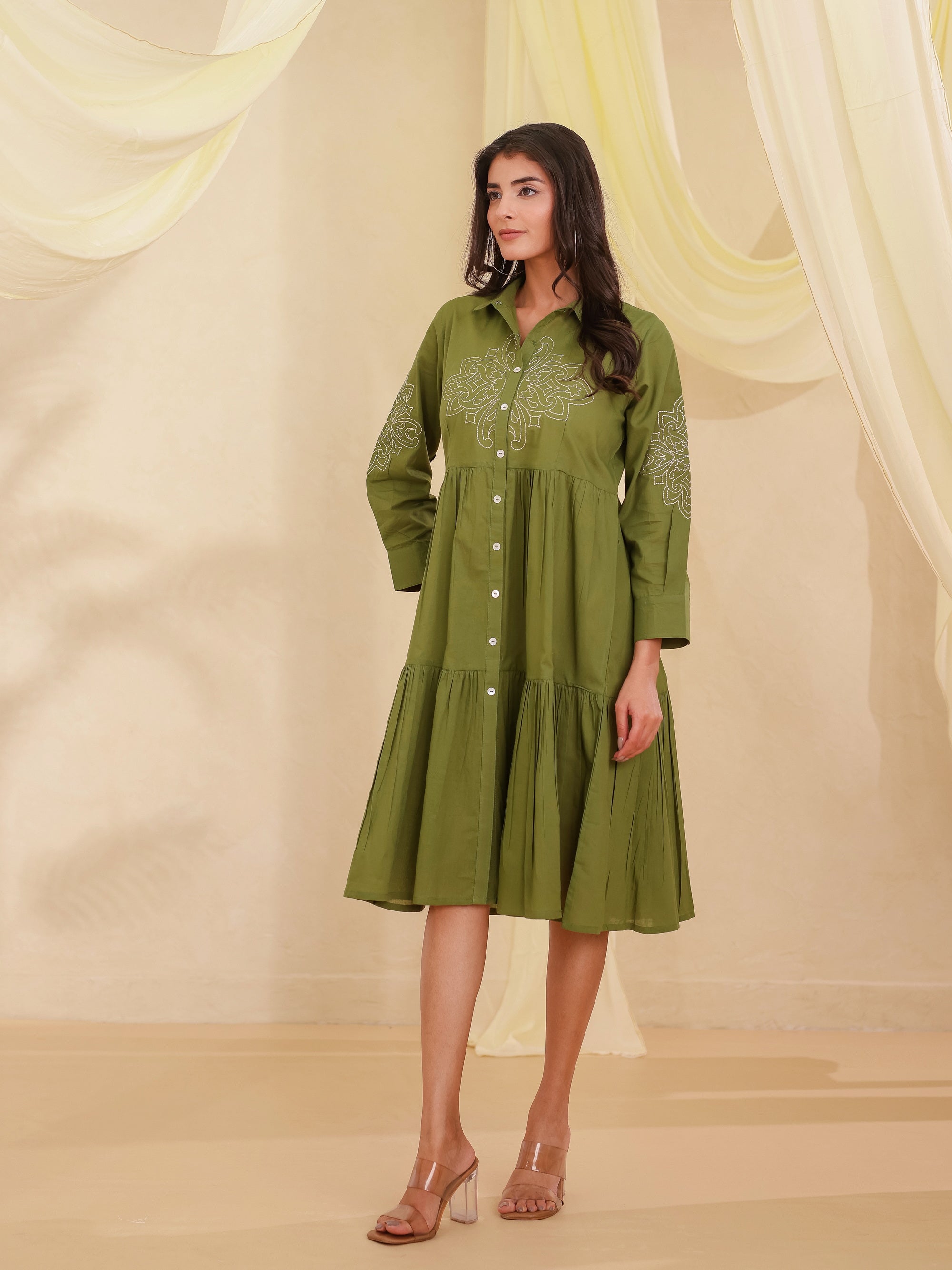Mineral Green Short Dress in Mul Cotton