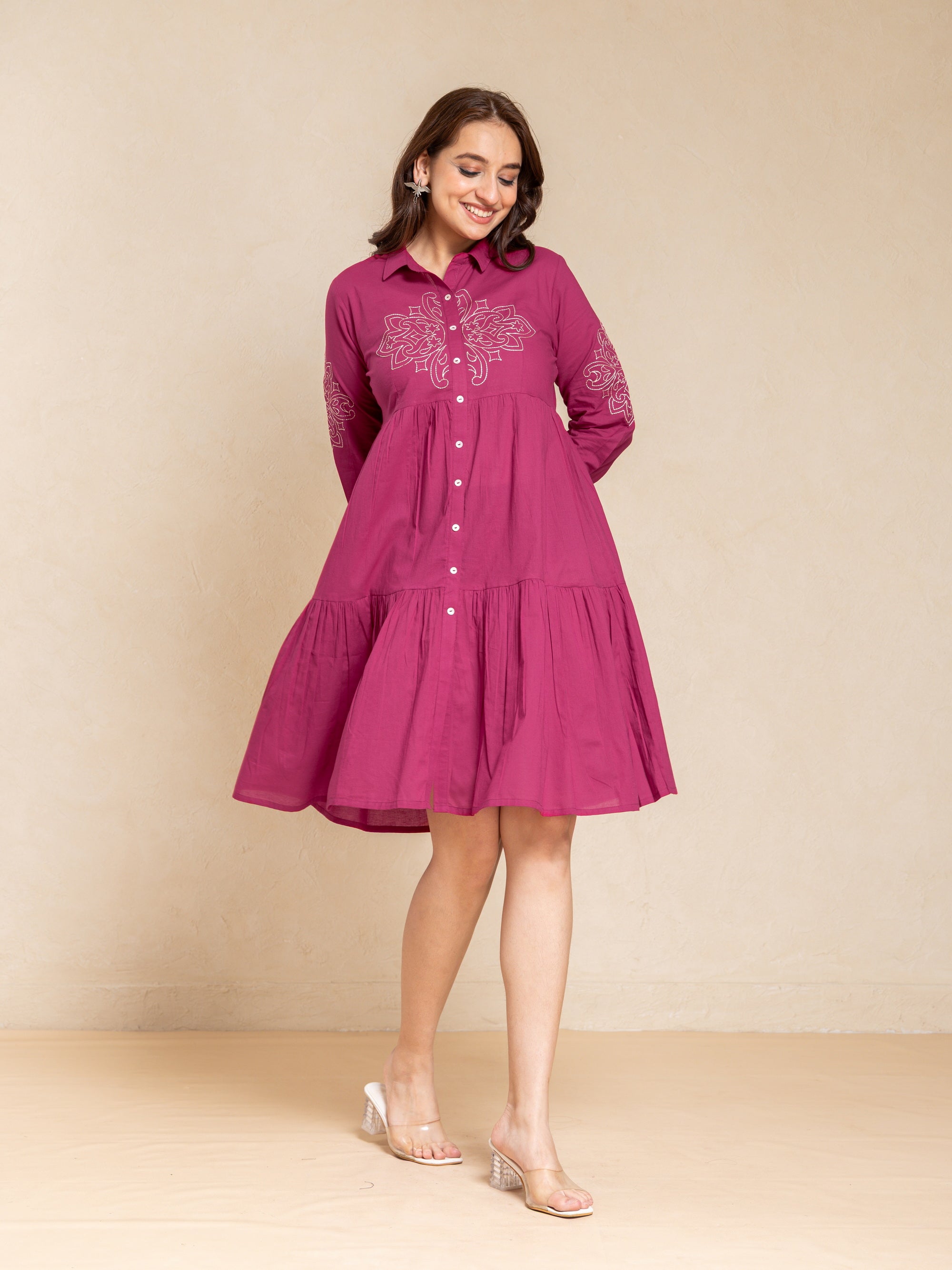 Pink Red Short Dress in Mul Cotton