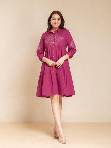 Pink Red Short Dress in Mul Cotton