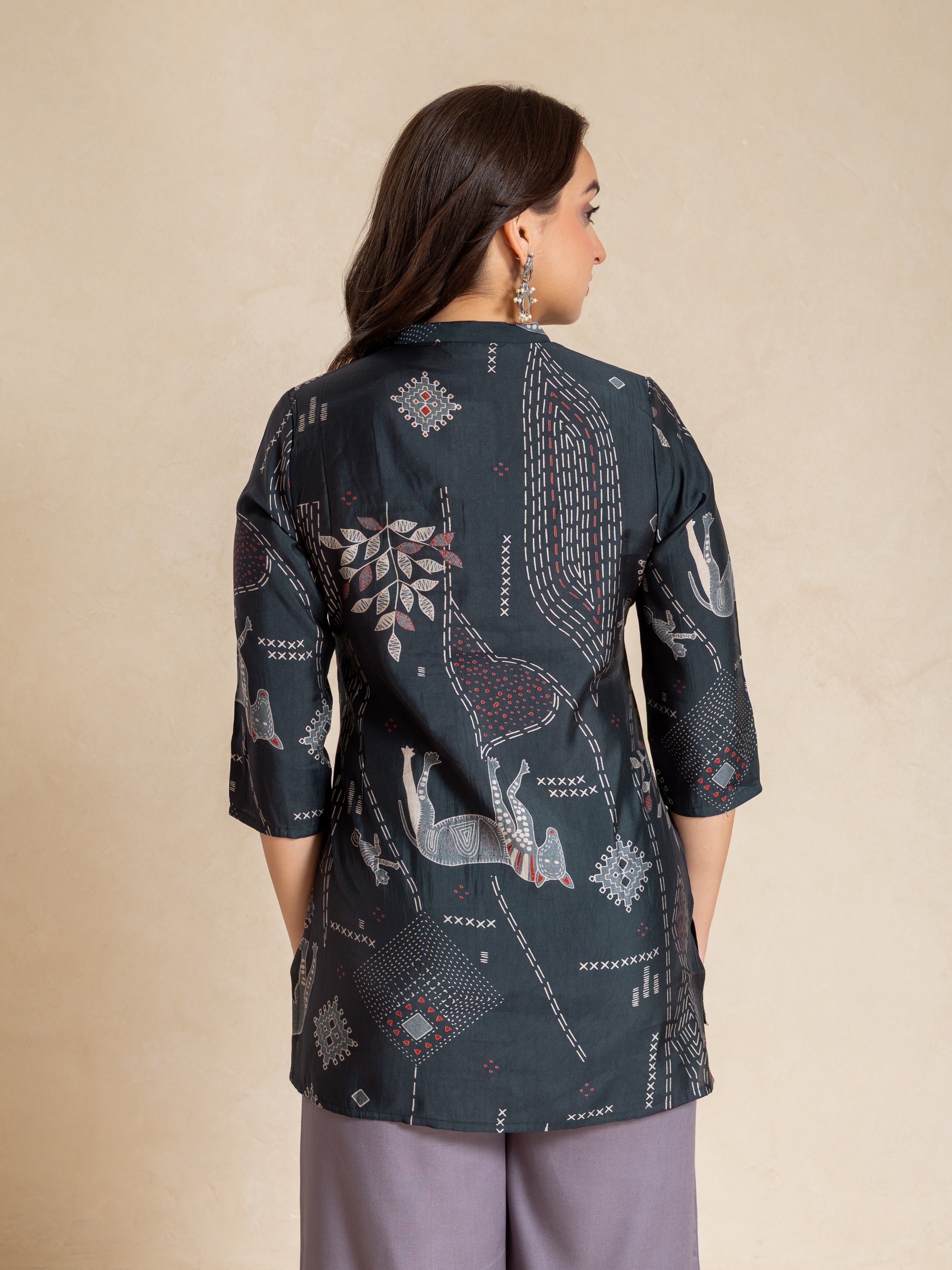 Navy Blue Viscose Silk Mandarine Collar Comfort Fit Top