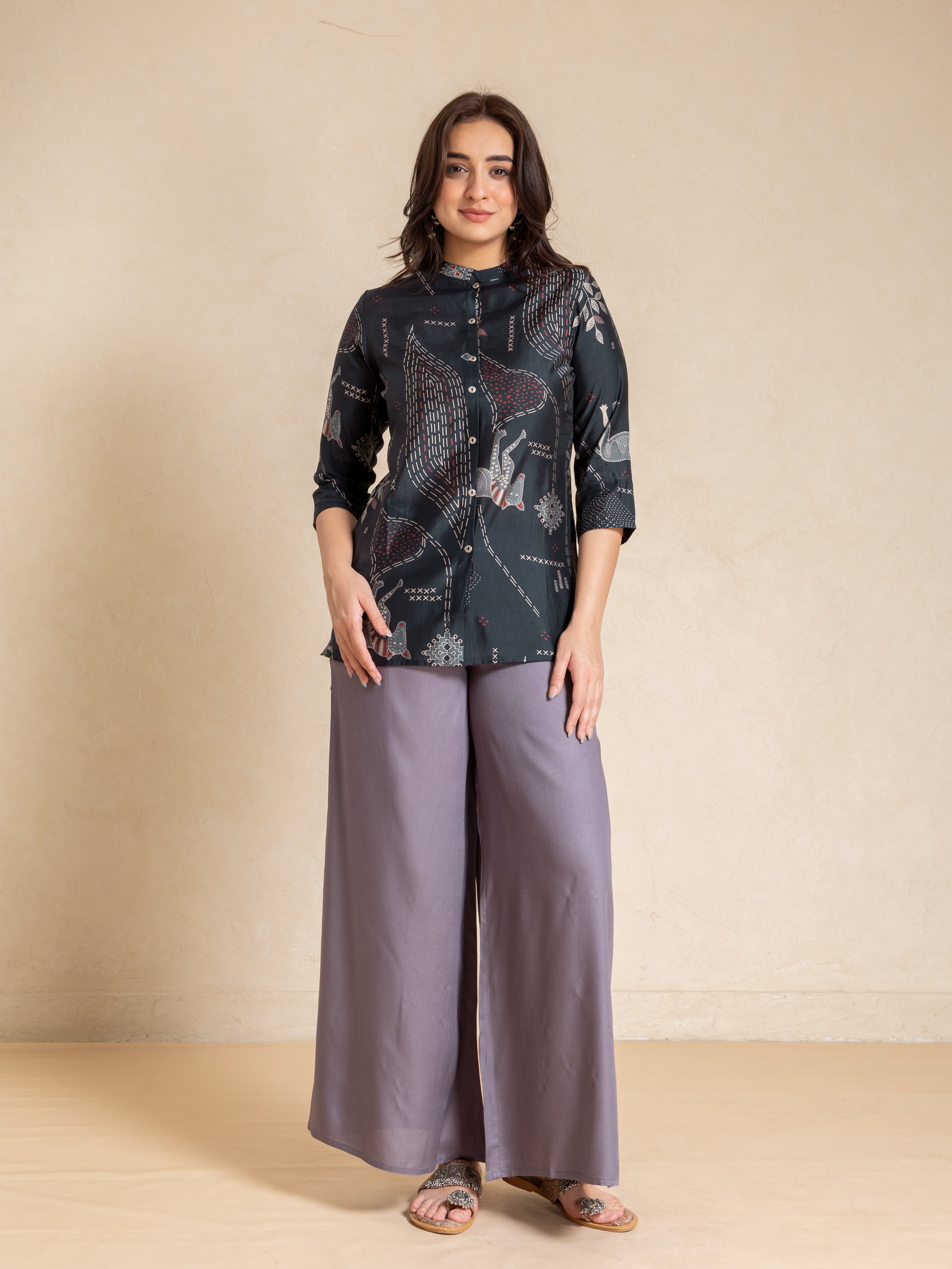 Navy Blue Viscose Silk Mandarine Collar Comfort Fit Top