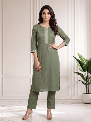 Mineral Green 2 Pcs Kurta Set in Rayon Slub