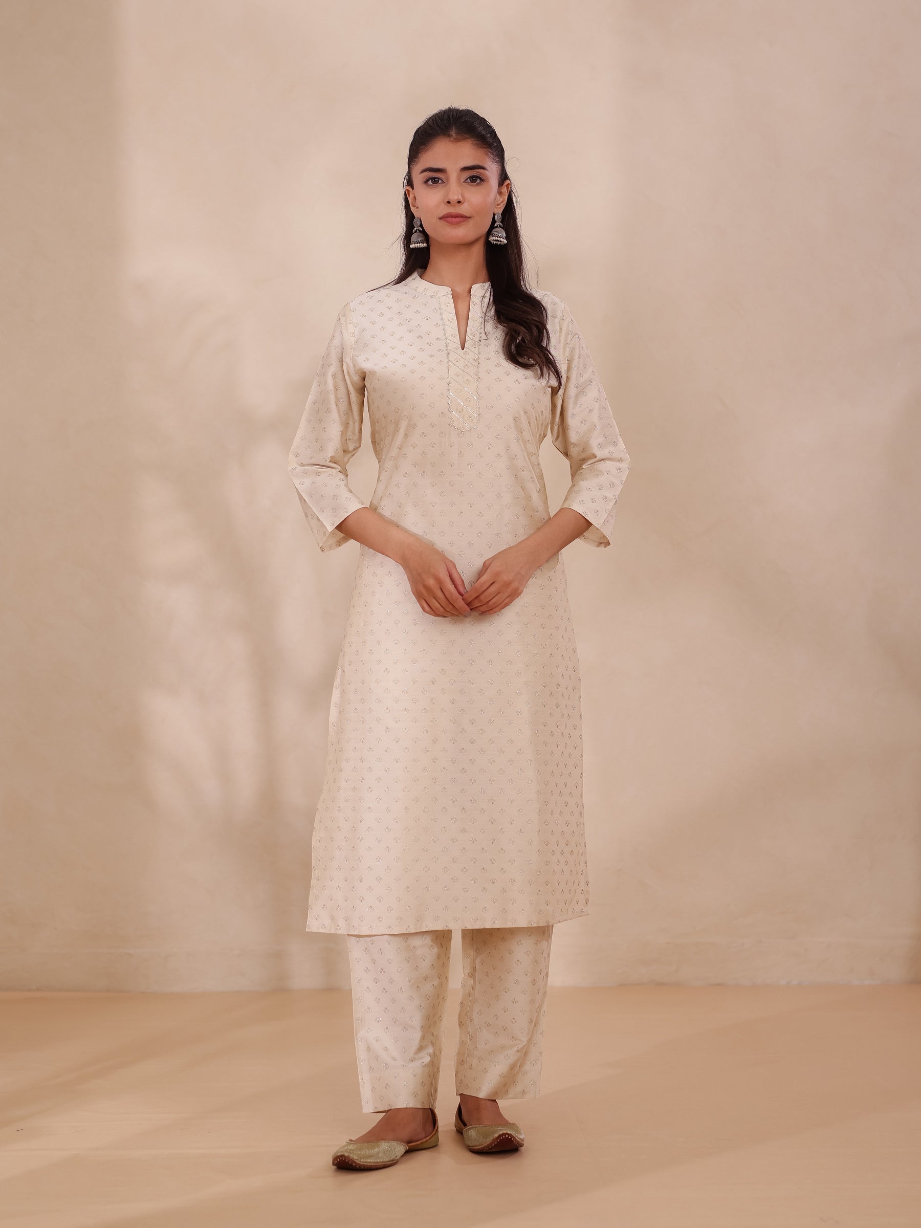 Beige & Gold Printed Rayon Kurta Set Featuring Gota Patti Work with Trouser and Dupatta