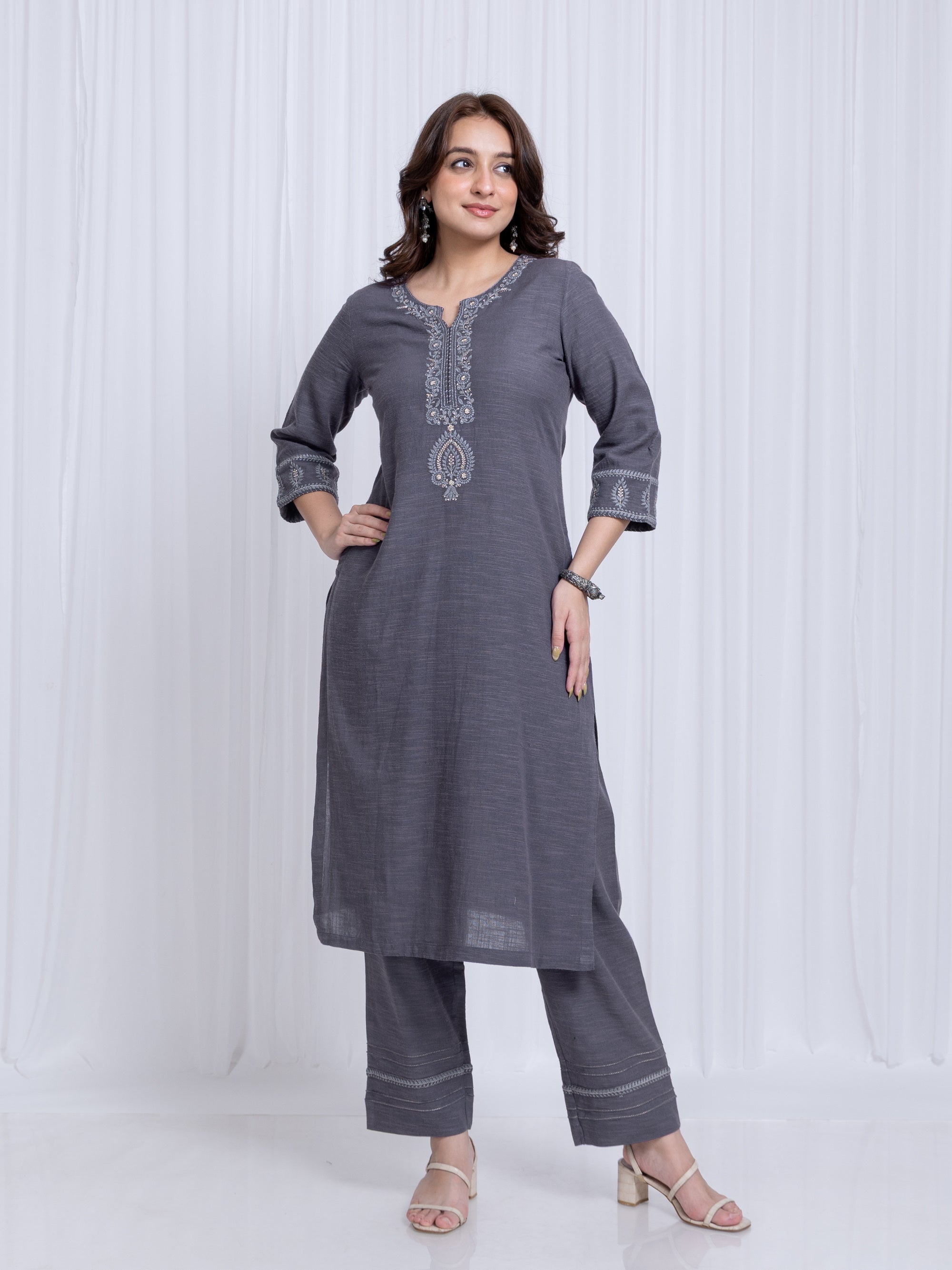 Ensign Blue 2 Pcs Kurta Set in Rayon Linen