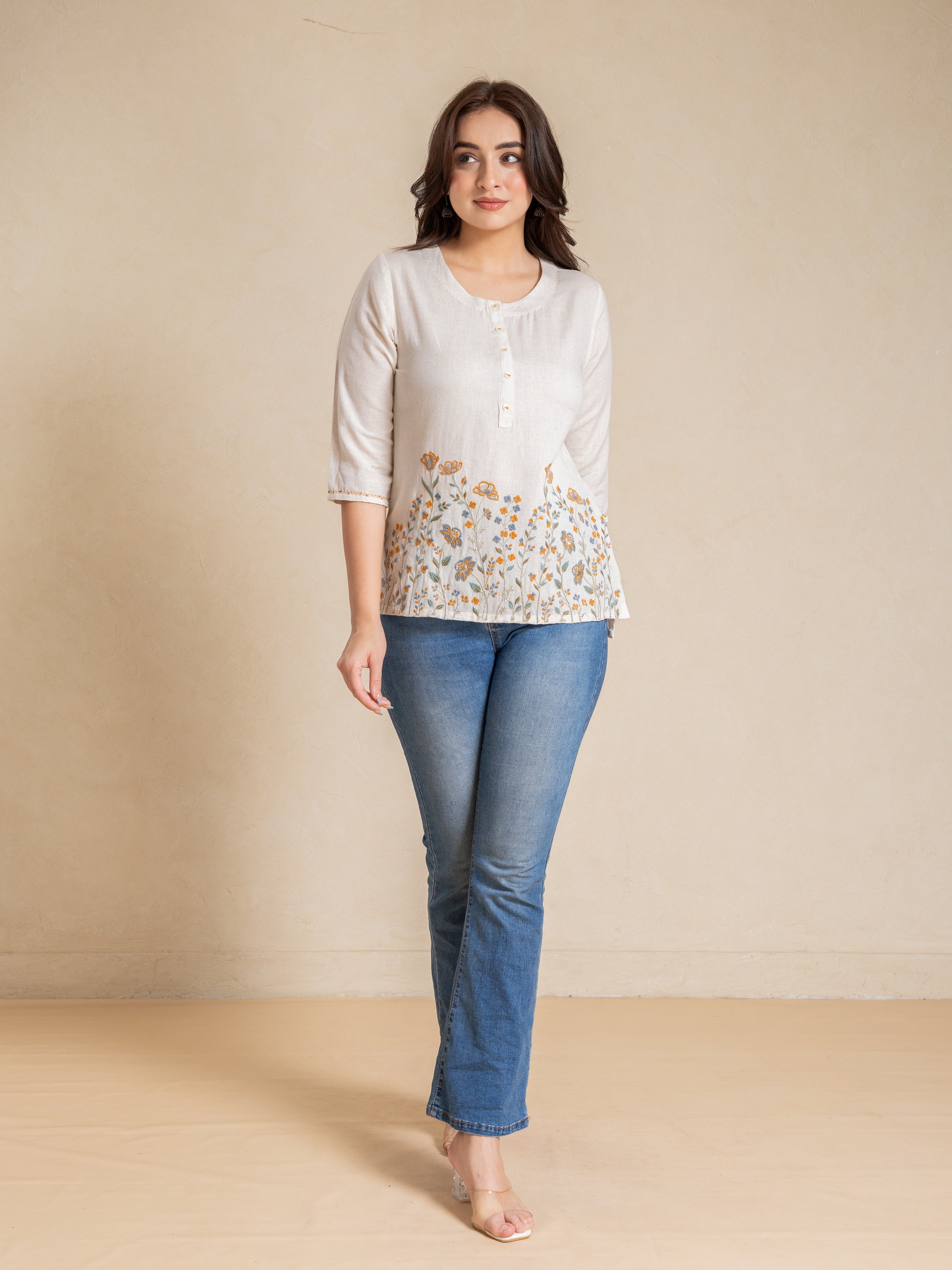 Natural Embroidery Rayon Flex Round Neck Straight Fit Top