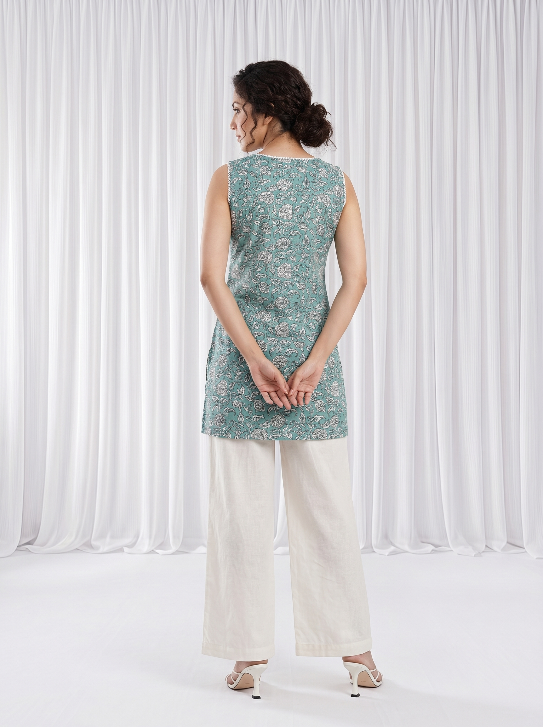 Porcelain Green Printed Mul Cotton V Neck Straight Fit Top