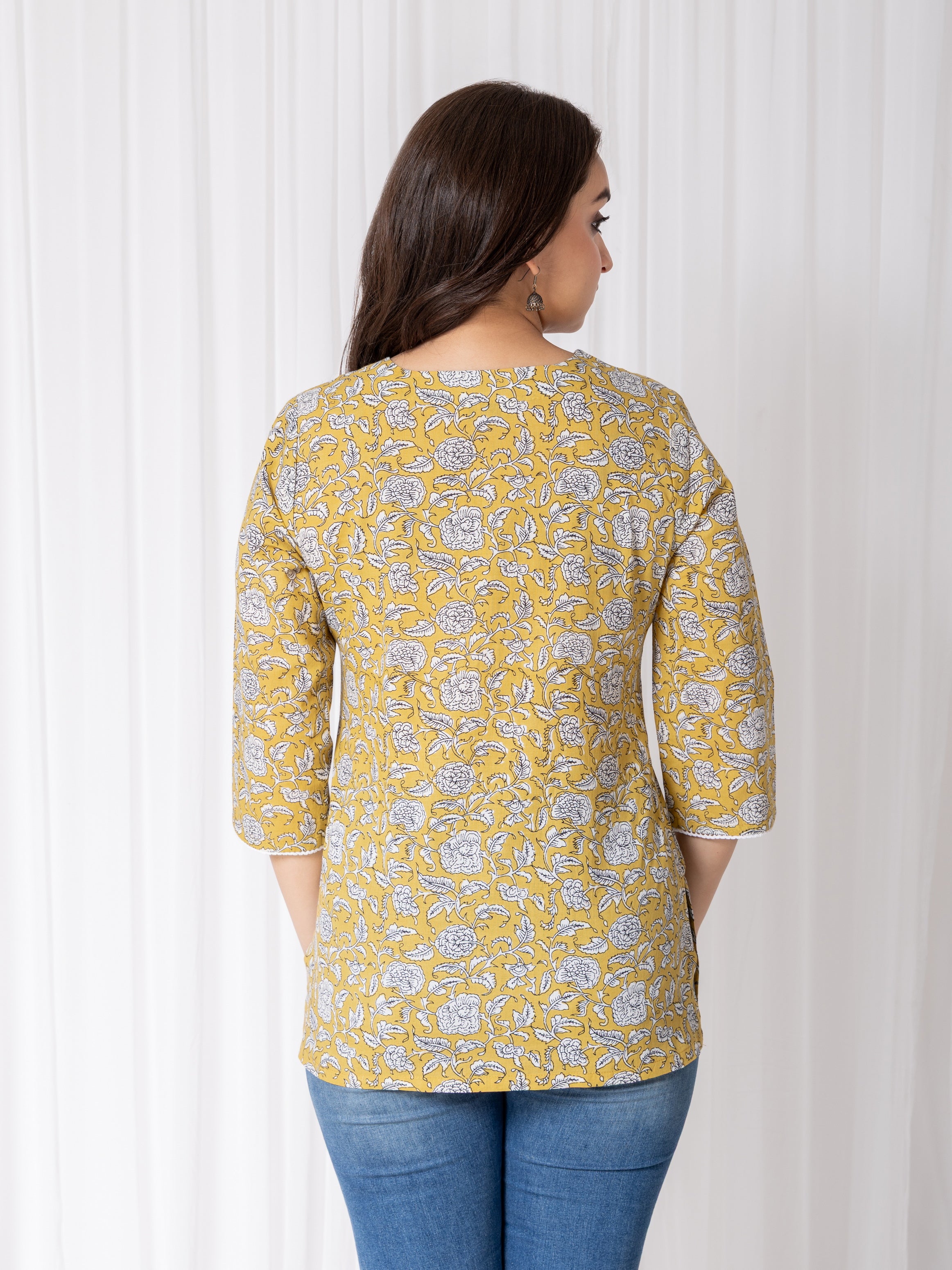 Misted Yellow Adda Work Mul Cotton V Neck Straight Fit Top