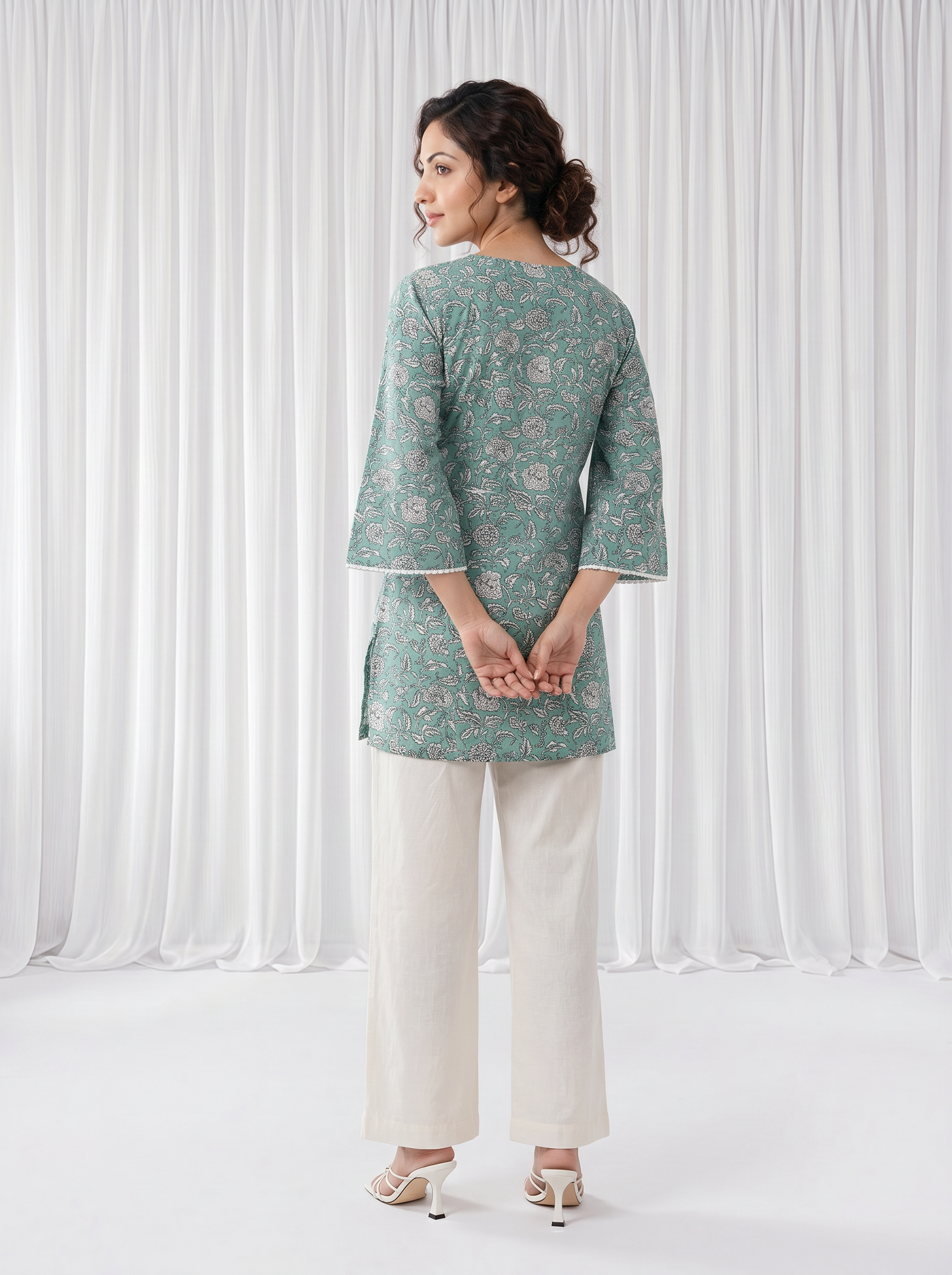 Porcelain Green Adda Work Mul Cotton V Neck Straight Fit Top
