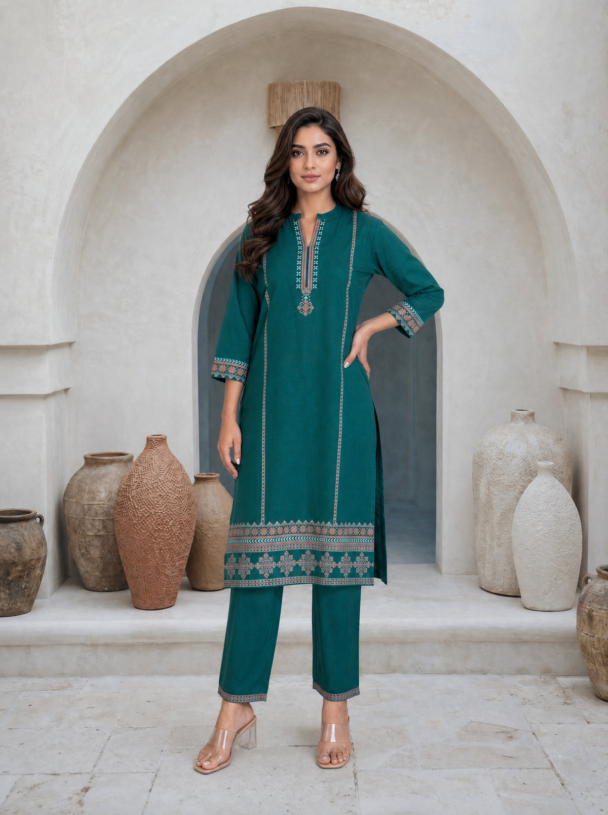Posy Green Cotton Cambric Straight Fit 2 Pcs Kurta Set with Panel Print