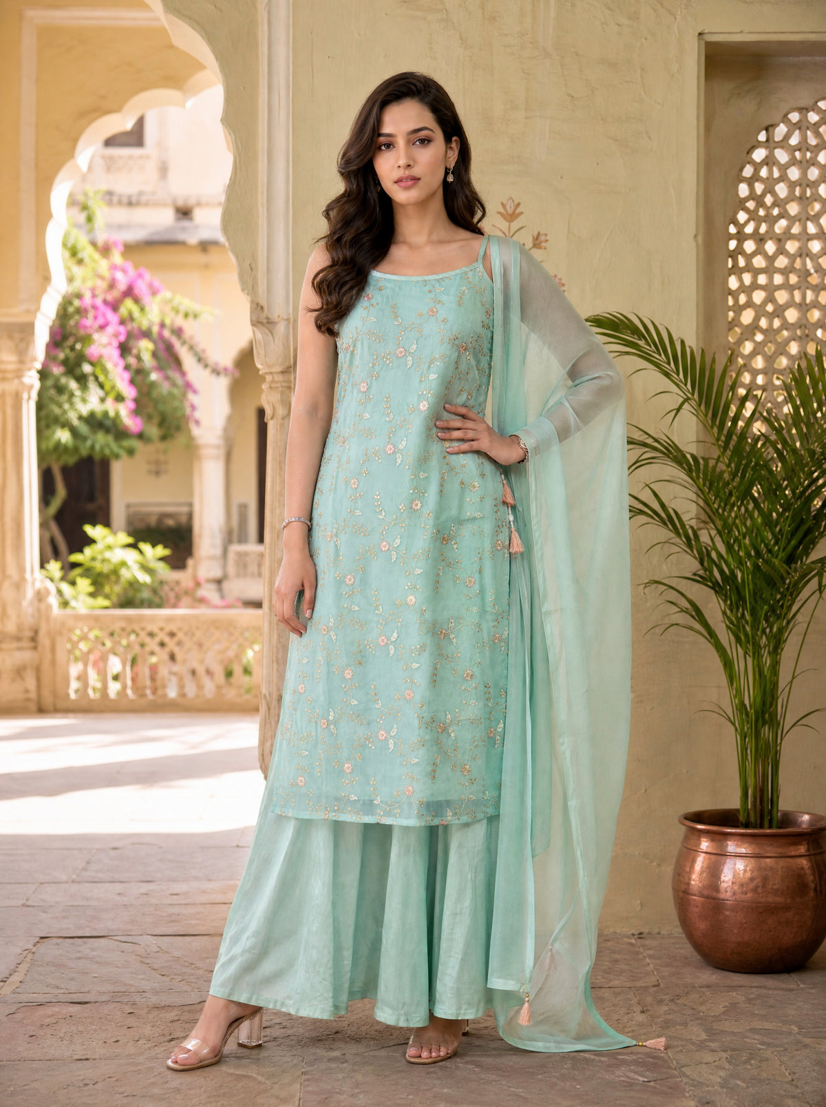 Paradise Green Poly Organza 3 Pcs Kurta Sharara Set with Jaal Embroidery