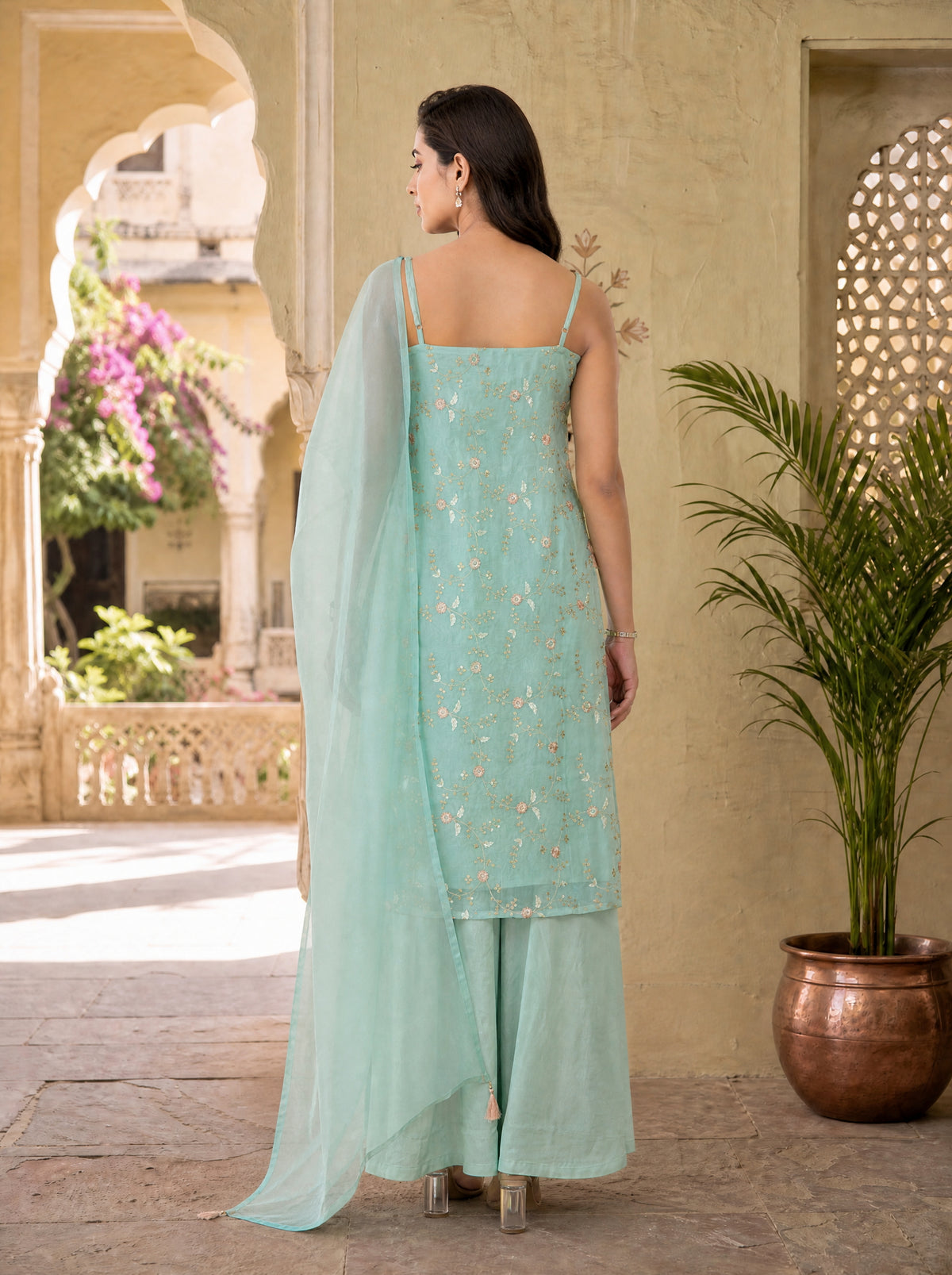Paradise Green Poly Organza 3 Pcs Kurta Sharara Set with Jaal Embroidery