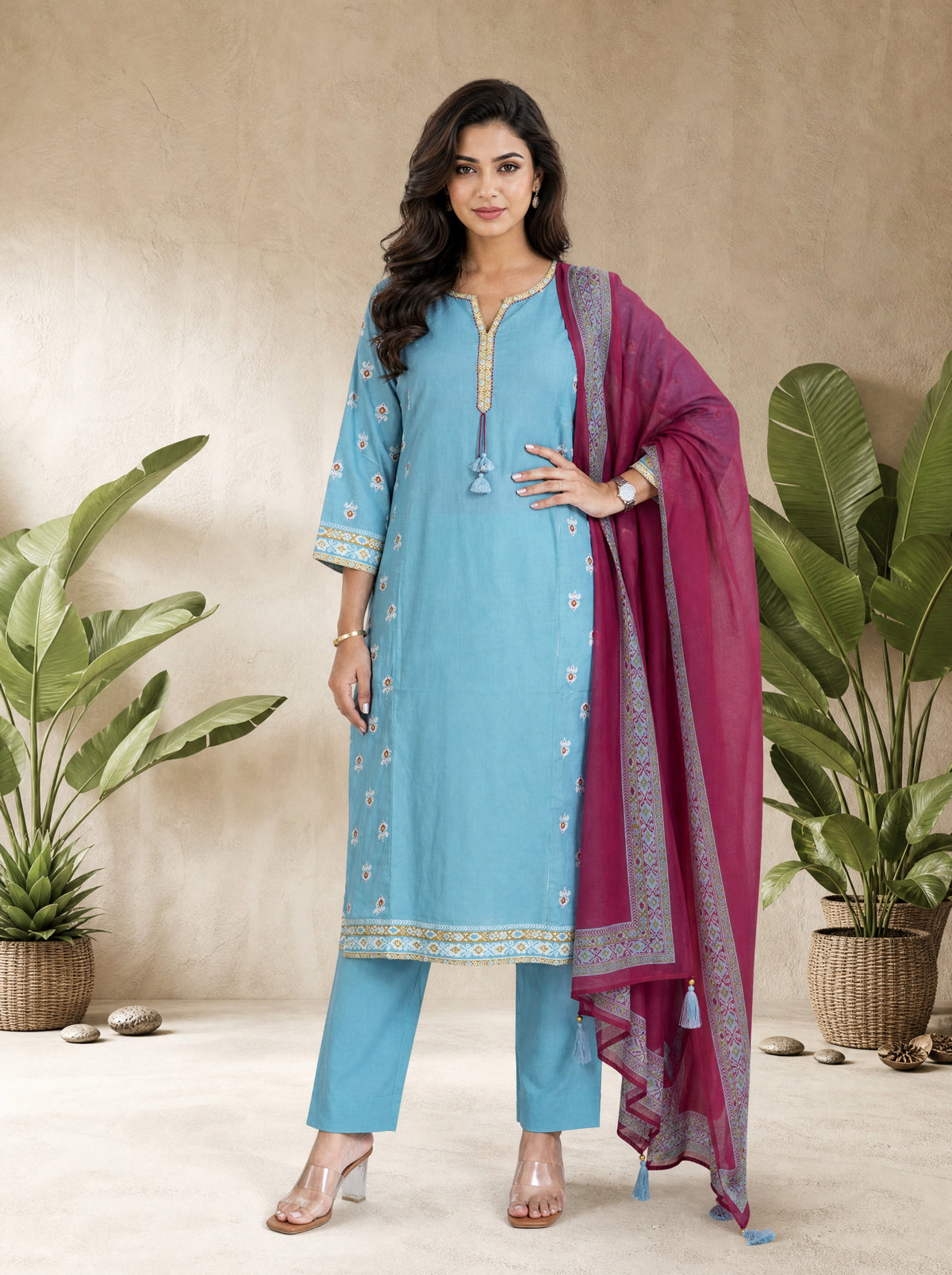 Electric Blue Cotton Cambric Straight Fit Ikat Print 3 Pcs Kurta Set with Tassels