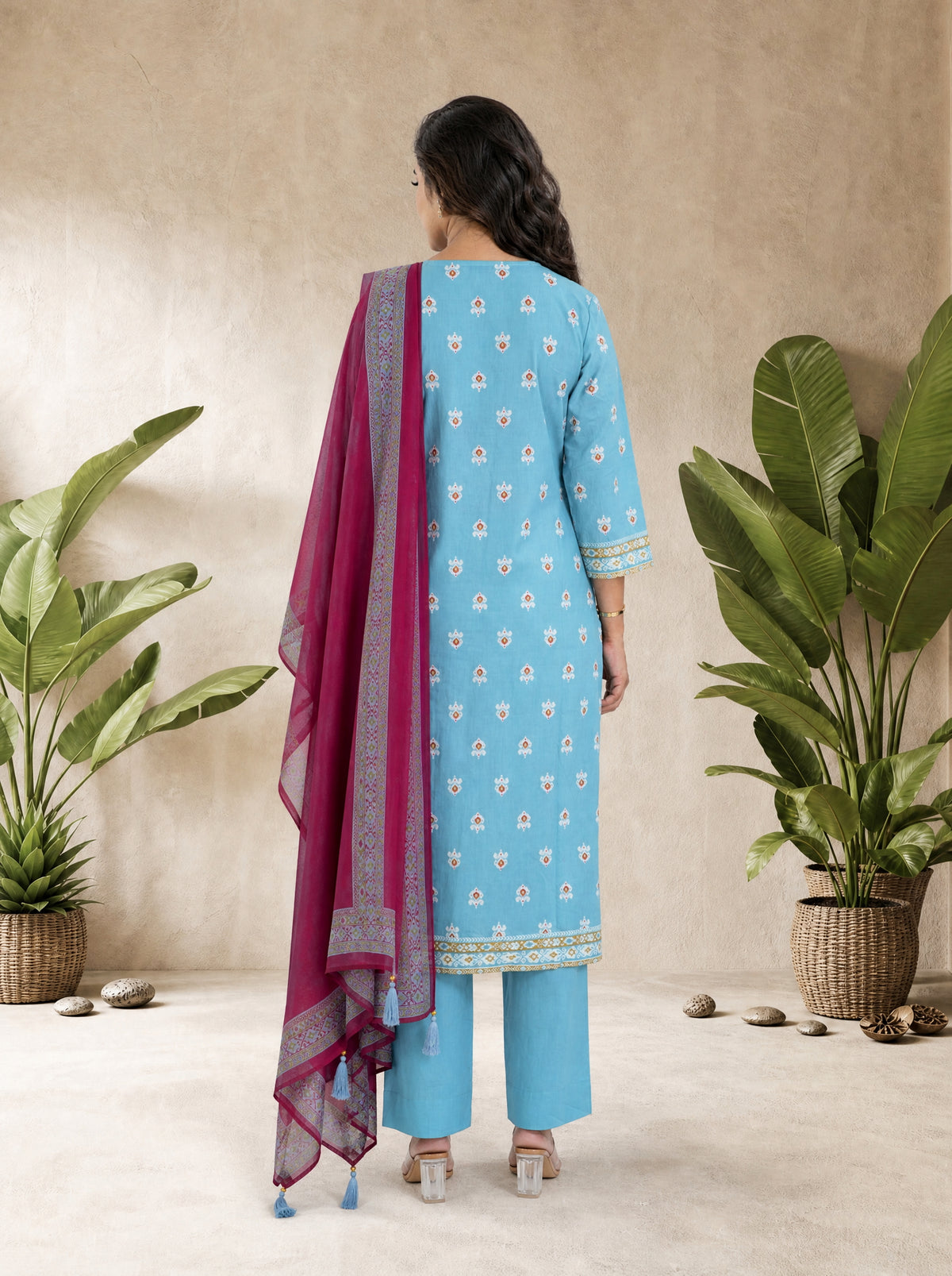 Electric Blue Cotton Cambric Straight Fit Ikat Print 3 Pcs Kurta Set with Tassels