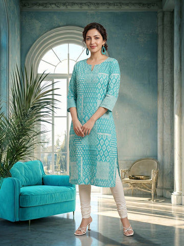 Turq Blue Knee Length Kurti in Rayon