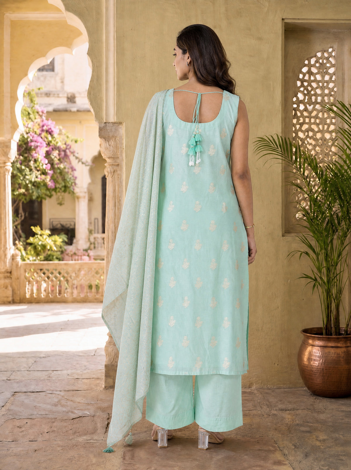 Pastel Green Chanderi Jacquard Straight Fit 3 Pcs Kurta Set with Adda Work