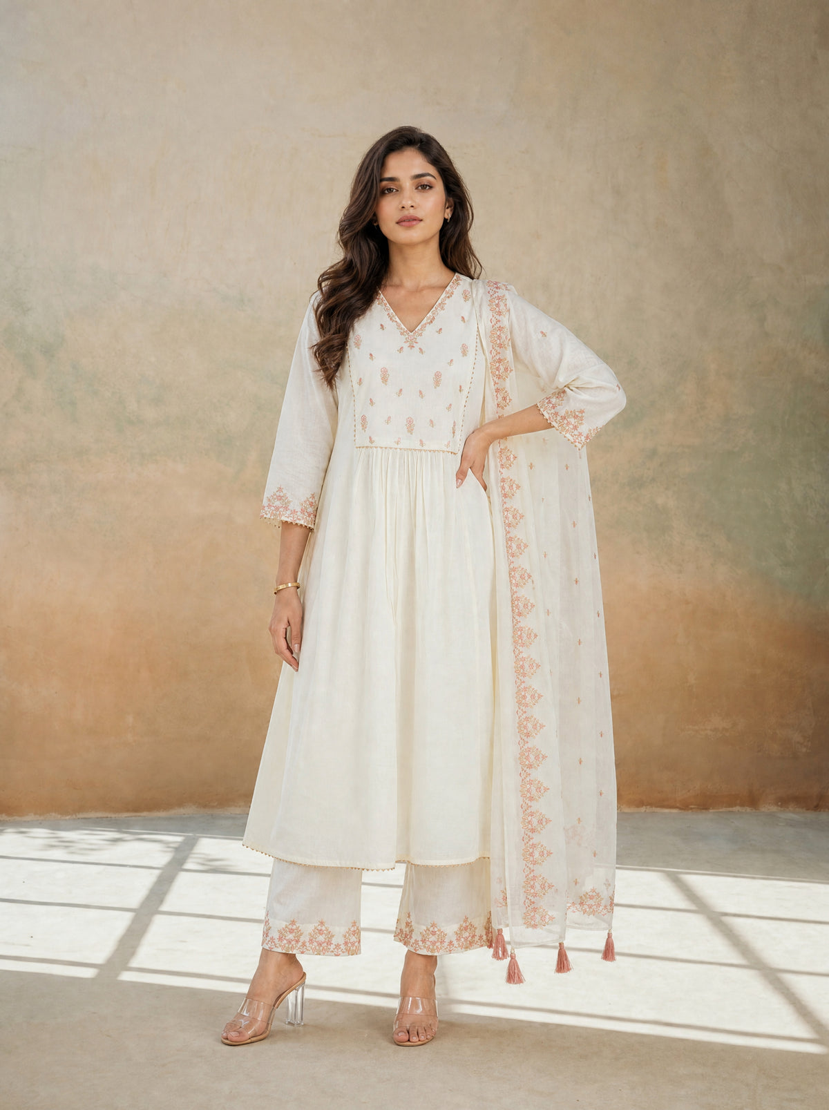 Off White Cotton Cambric Embroidered 3 Pcs Kurta Set with Lace Detail