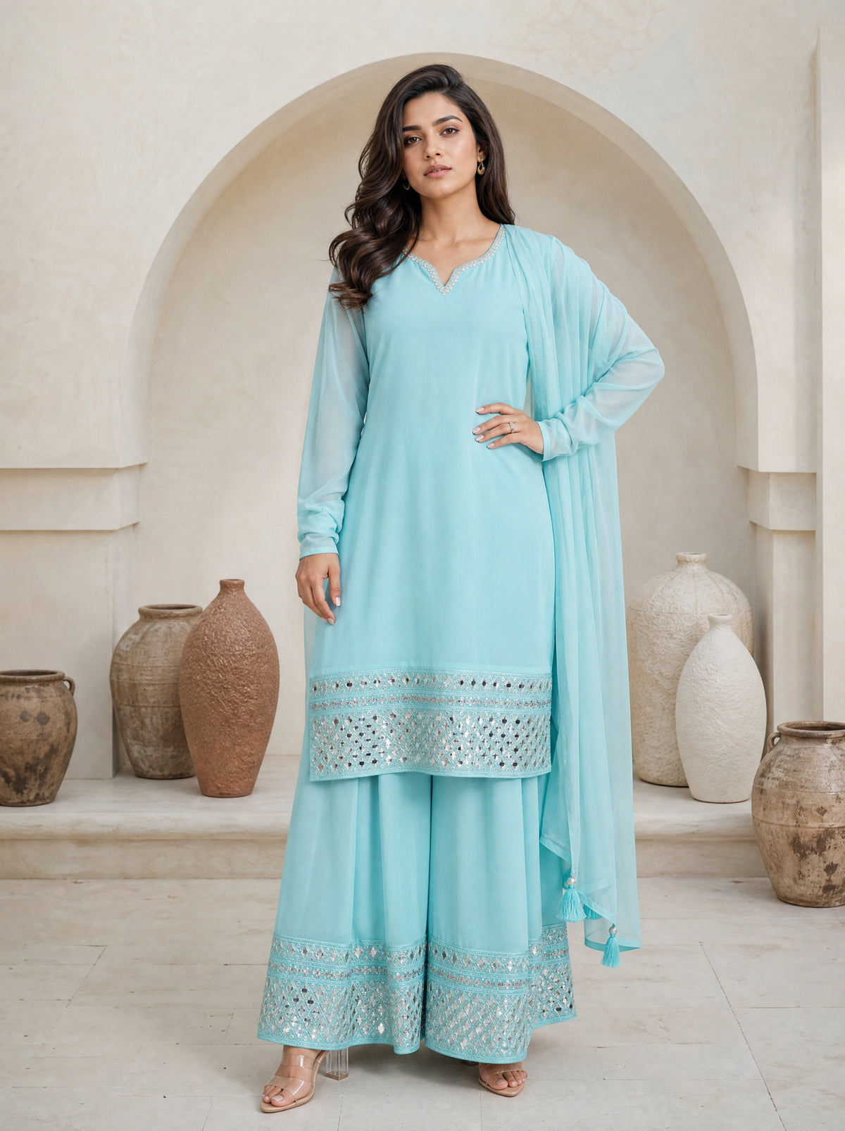 Angel Blue Georgette Flared 3 Pcs Kurta Sharara Set with Mirror Work Embroidery