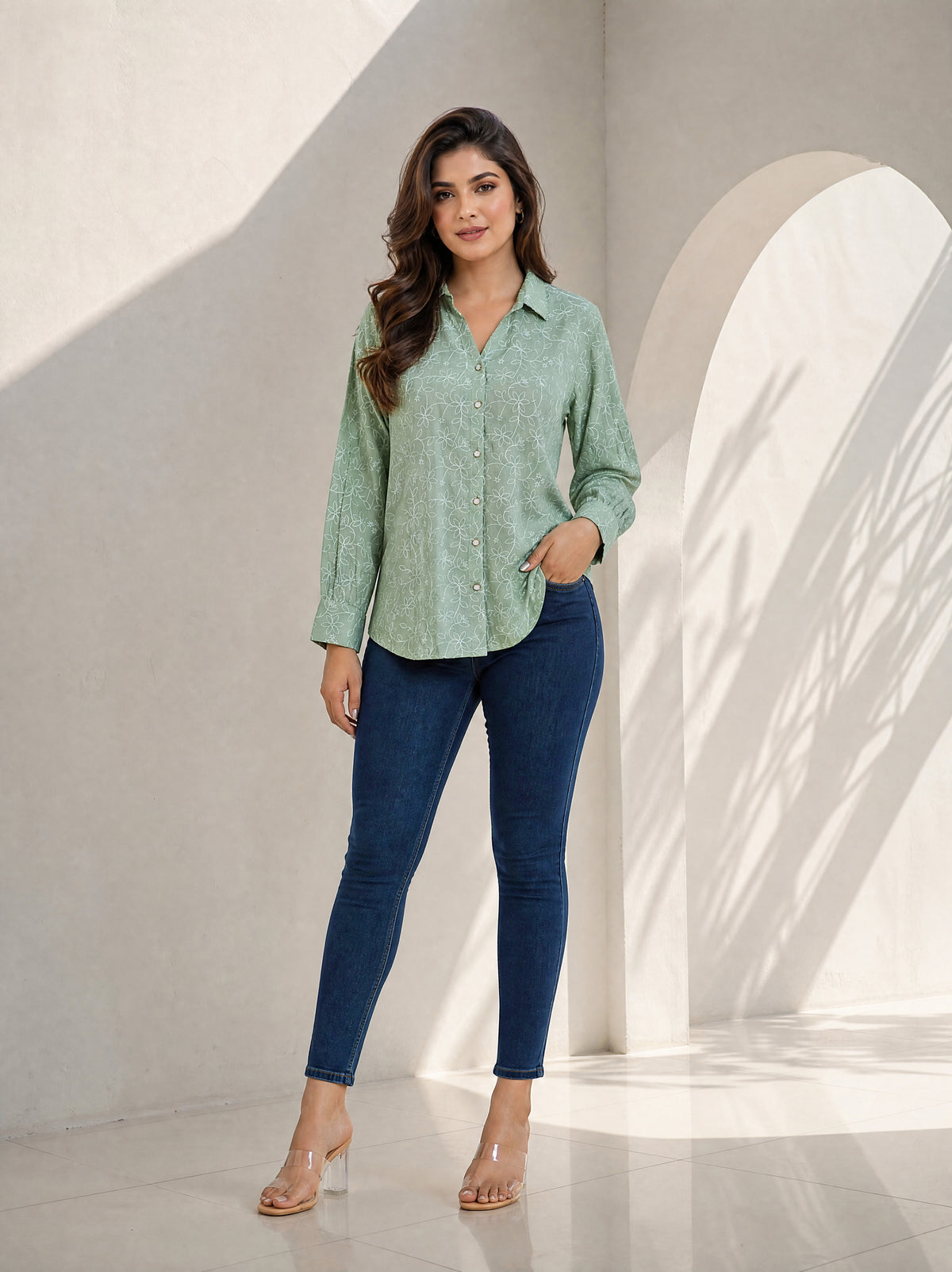 Pista Green Cotton Modal Regular Fit Floral Embroidered Shirt Top