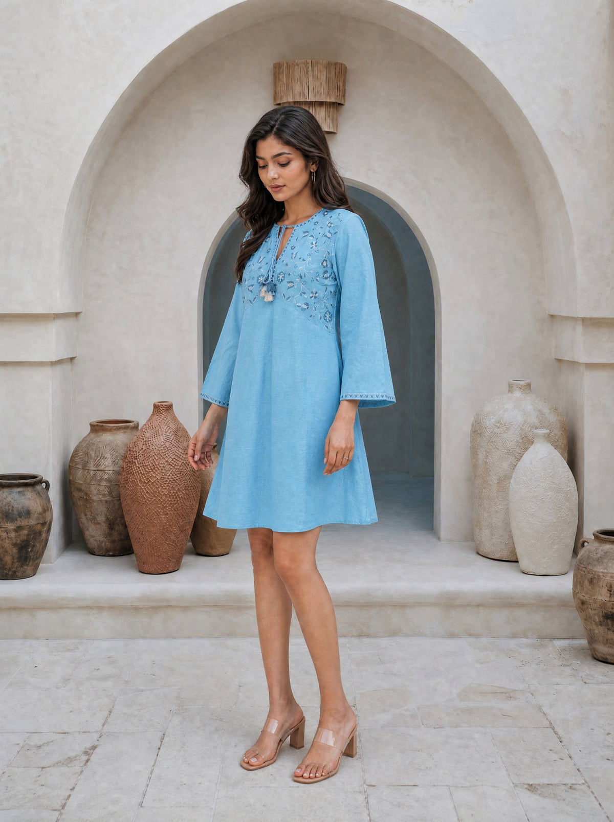 Angel Blue Rayon Modal Flared Naira Cut Embroidered Short Dress